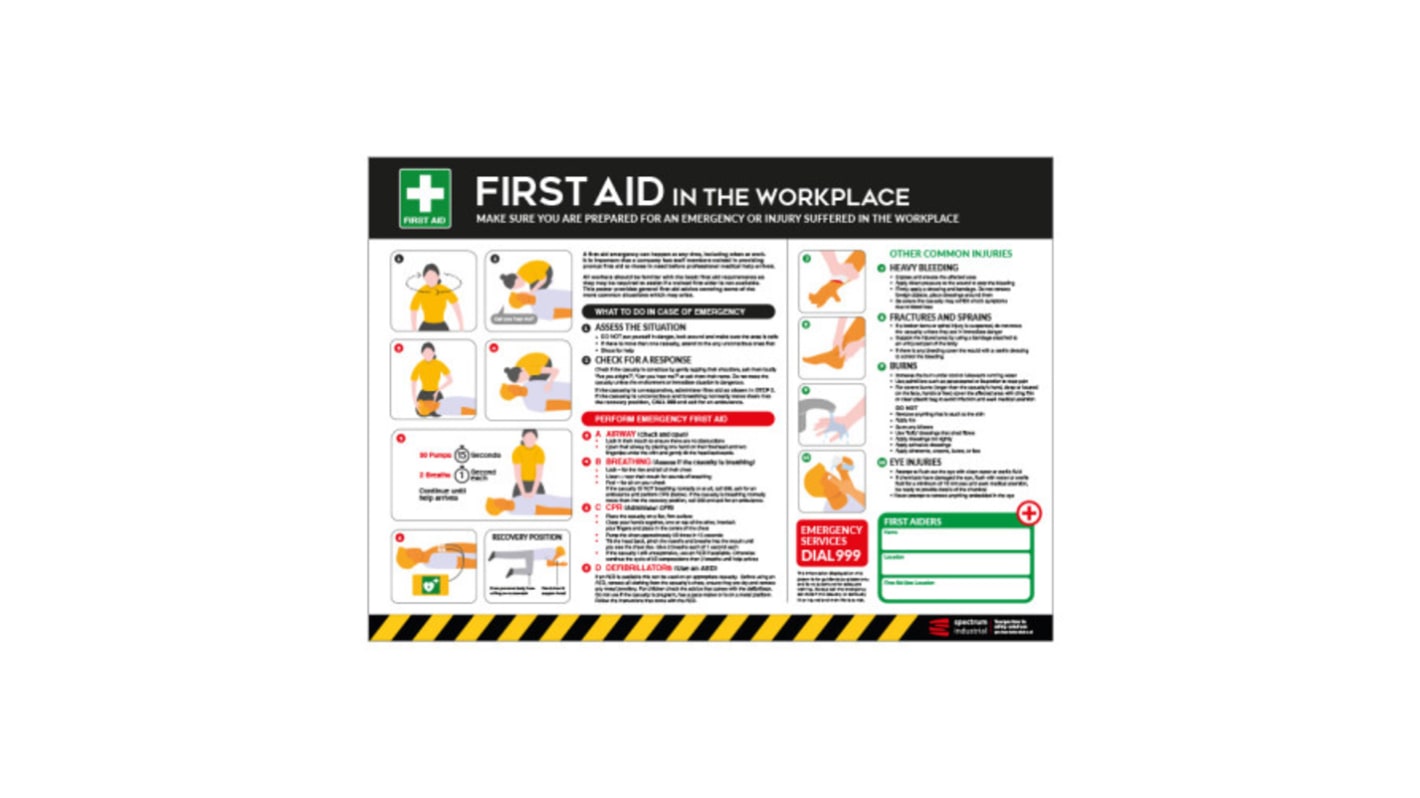 Cartel de seguridad Spectrum Industrial : Guía de primeros auxilios en el trabajo en Inglés, 594mm x 420 mm