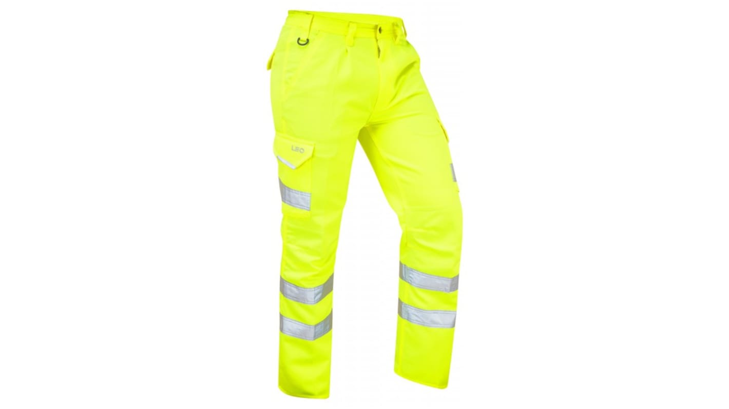 Pantalones alta visibilidad Leo Workwear Unisex, talla 28plg, de color Amarillo, resistentes a manchas, impermeables