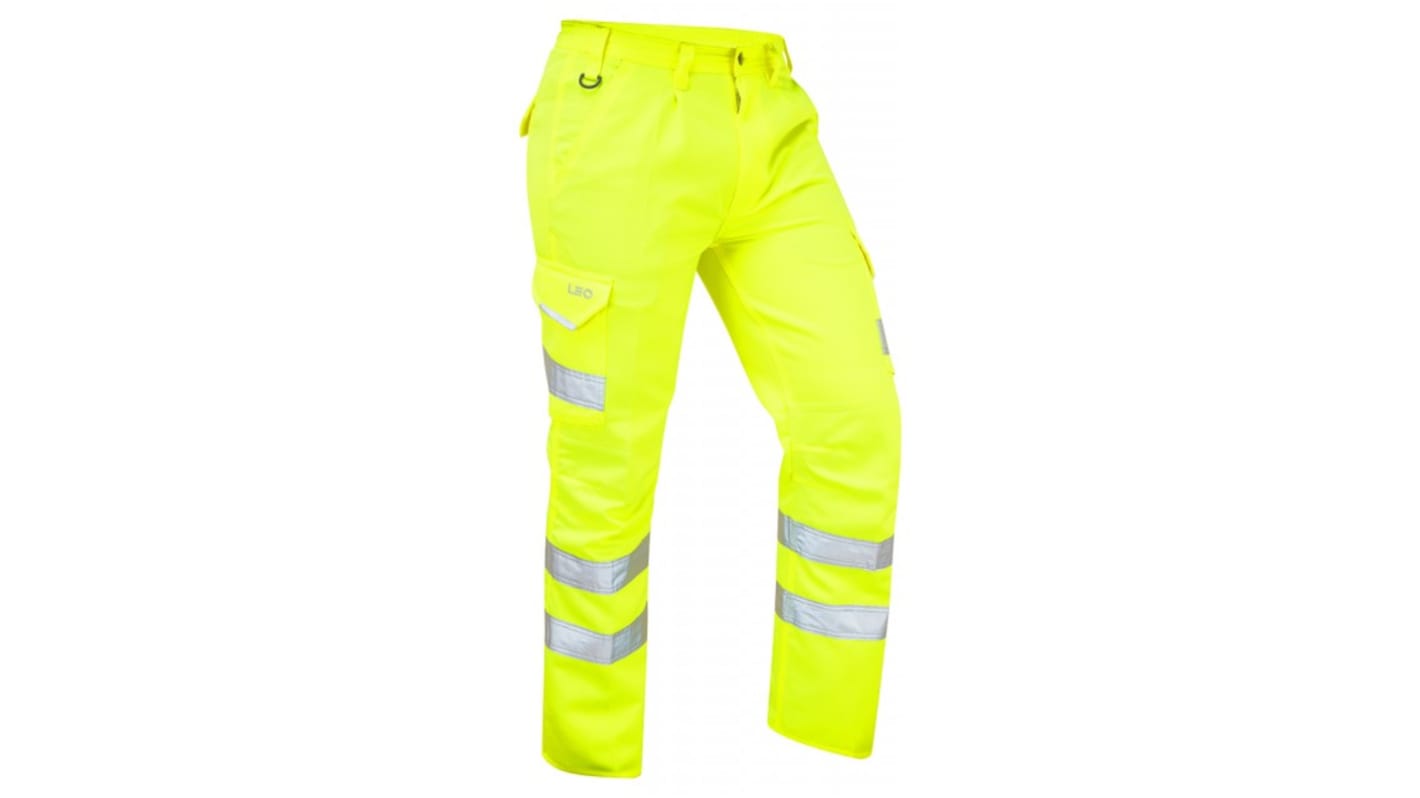 Pantalones alta visibilidad Leo Workwear Unisex, talla 34plg, de color Amarillo, resistentes a manchas, impermeables