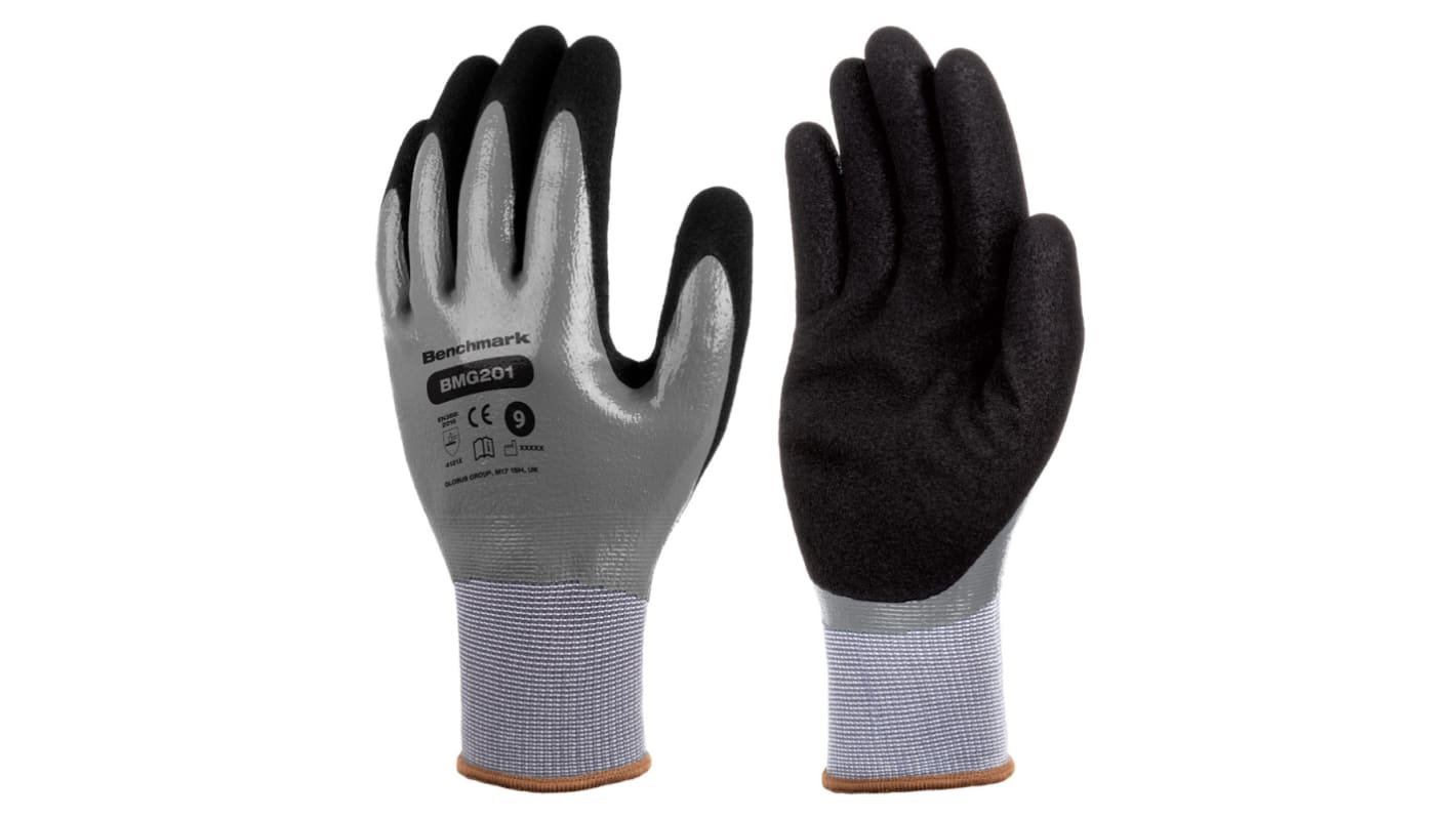 Guantes de trabajo de Nitrilo, Poliéster Negro/gris Skytec serie BMG201, talla 7, con recubrimiento de Nitrilo,