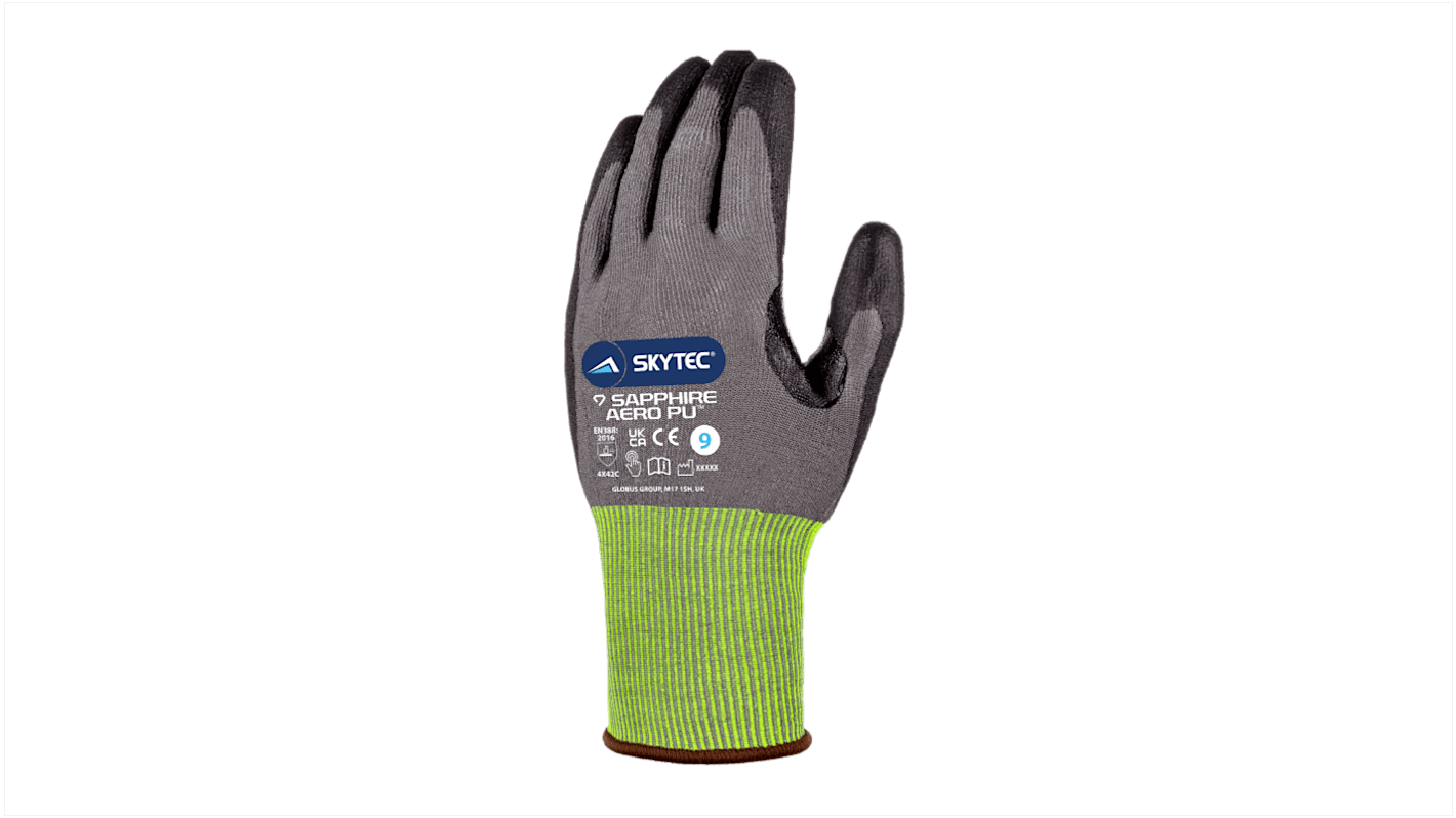 Skytec SAPPHIRE AERO PU Black, Grey HPPE Cut Resistant Work Gloves, Size 6, XS, Polyurethane Coating