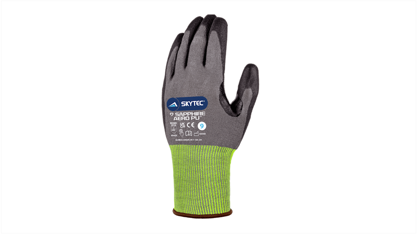 Skytec SAPPHIRE AERO PU Black, Grey HPPE Cut Resistant Work Gloves, Size 8, Medium, Polyurethane Coating