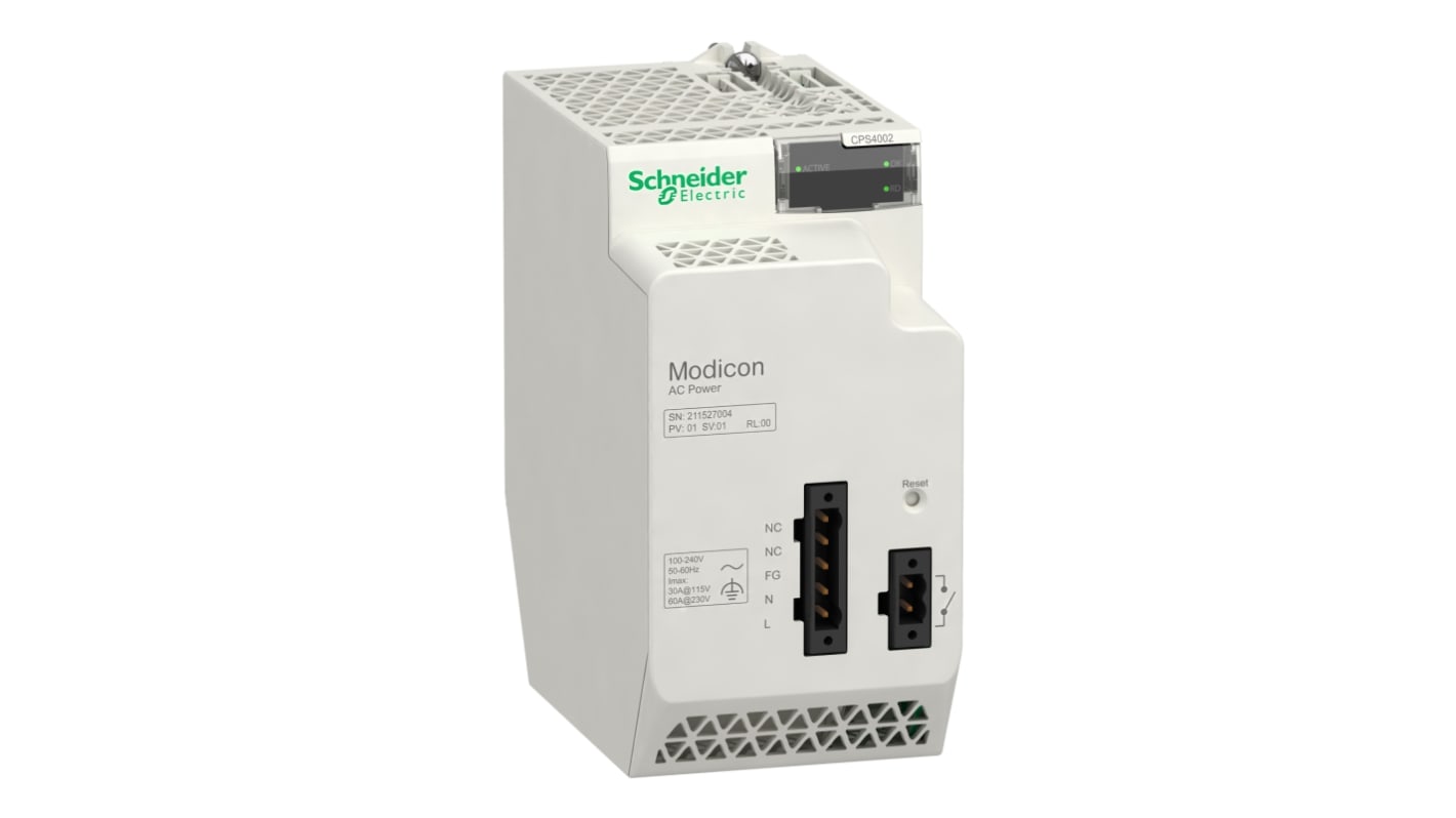 Alimentatore Schneider Electric BMXCPS4002, 40W, ingresso 100 → 240V ca, uscita 3.3/24V, 5.5A, 2 uscite