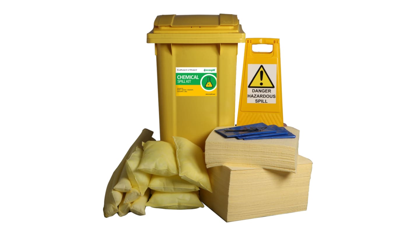 Kit de déversement contient 1 x Floor Sign, 1 x Hazard Tape, 6 x Socks 1.2Mtr, 10 x Pillows, 18 Waste Bags &amp; Ties,