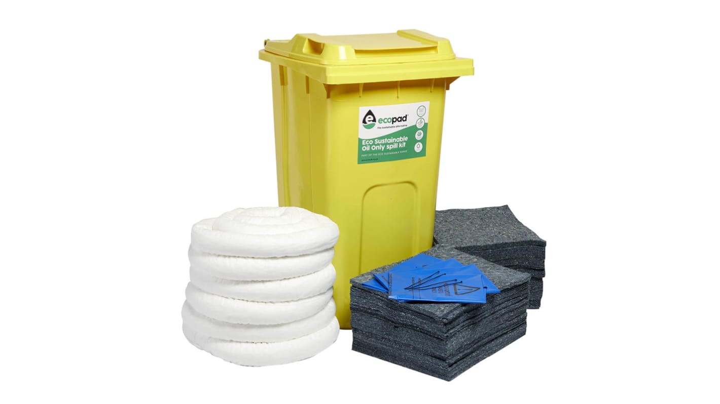 Kit para derrames Ecospill Ltd, contiene 1 x Instruction &amp; Contents Sheet, 1 x Plastic Wheeled Bin, 4 x Disposal