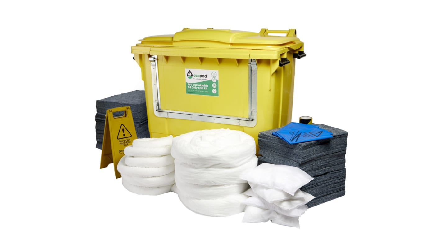 Kit de déversement contient 1 x 660 Ltr Drop Front Bin, 1 x Floor Sign, 1 x Hazard Tape, 4 x Booms, 16 x Pillows, 20 x