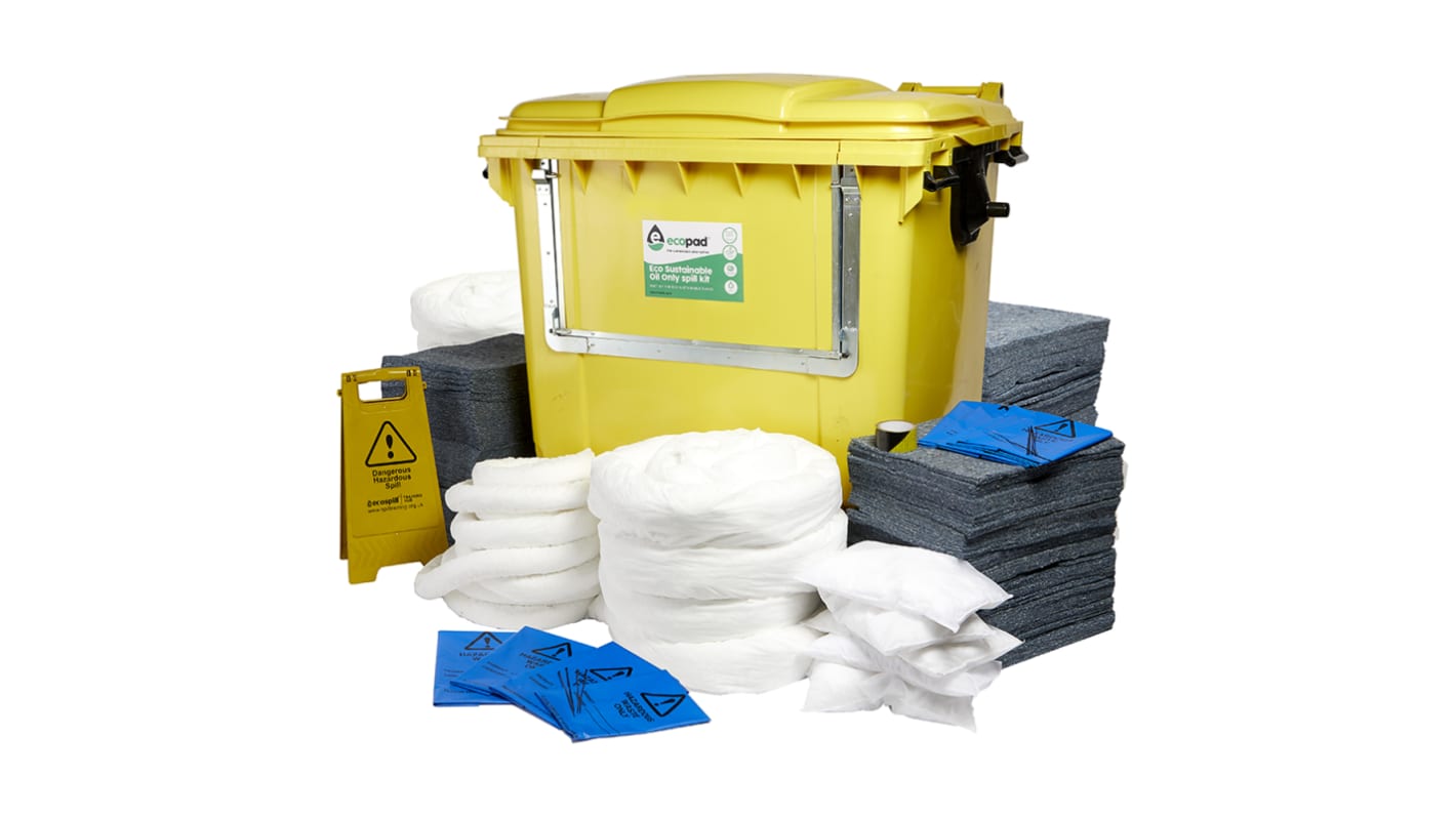 Kit de déversement contient 1 x 1100 Ltr Drop Front Bin, 1 x Floor Sign, 1 x Hazard Tape, 7 x 3M Socks, 8 x Booms, 20 x