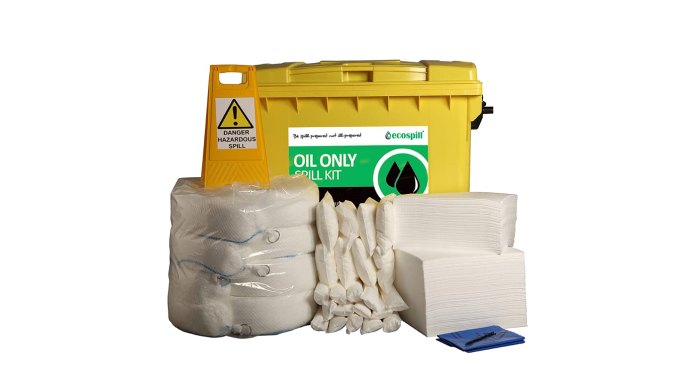 Kit de déversement contient 1 x Floor Sign, 1 x Hazard Tape, 4 x 3Mtr Booms, 16 x 38 x 23Cm Pillows, 20 x 1.2Mtr Socks,