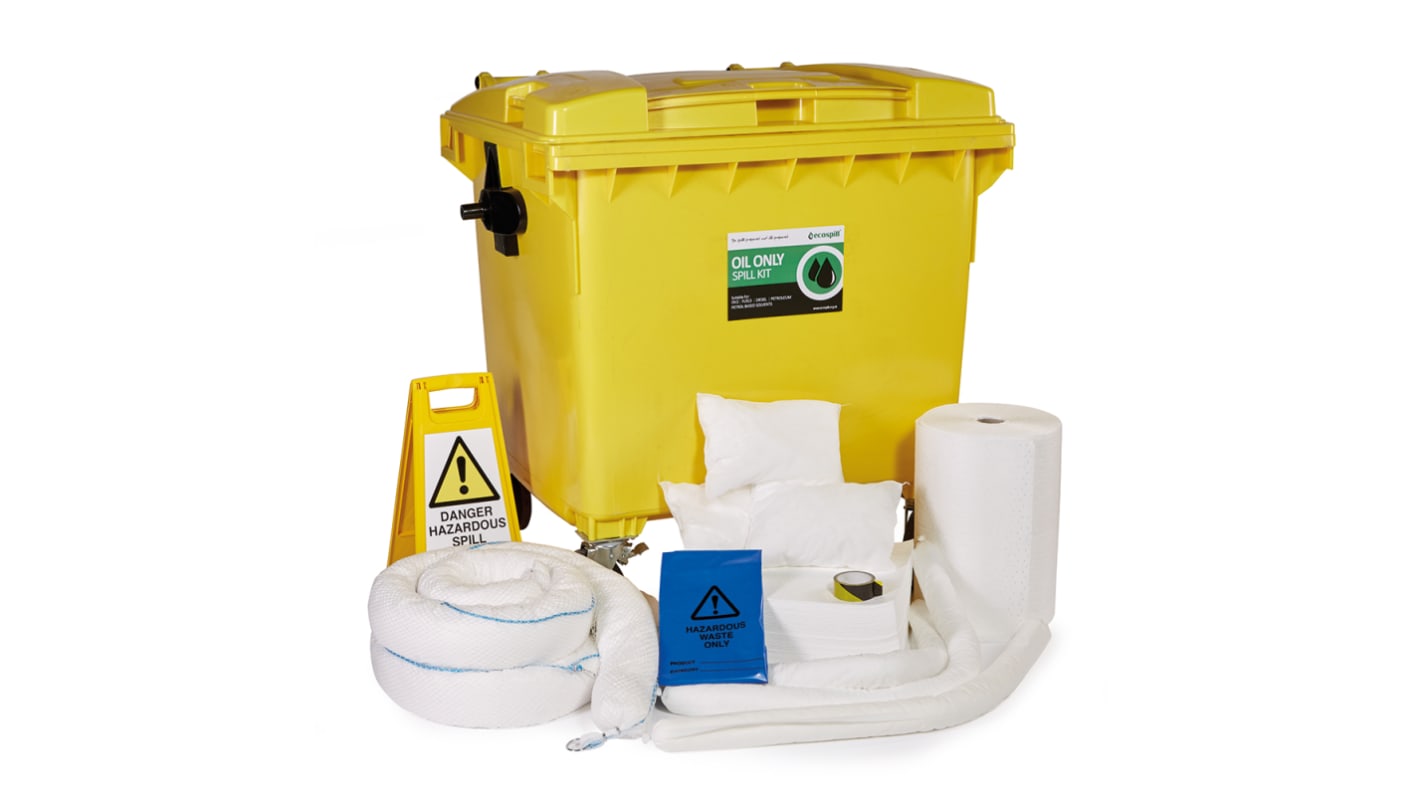 Kit para derrames Ecospill Ltd, contiene 1 x Floor Sign, 1 x Hazardtape, 2 x Rolls 50Mtr, 7 x Socks 3Mtr, 8 x Booms