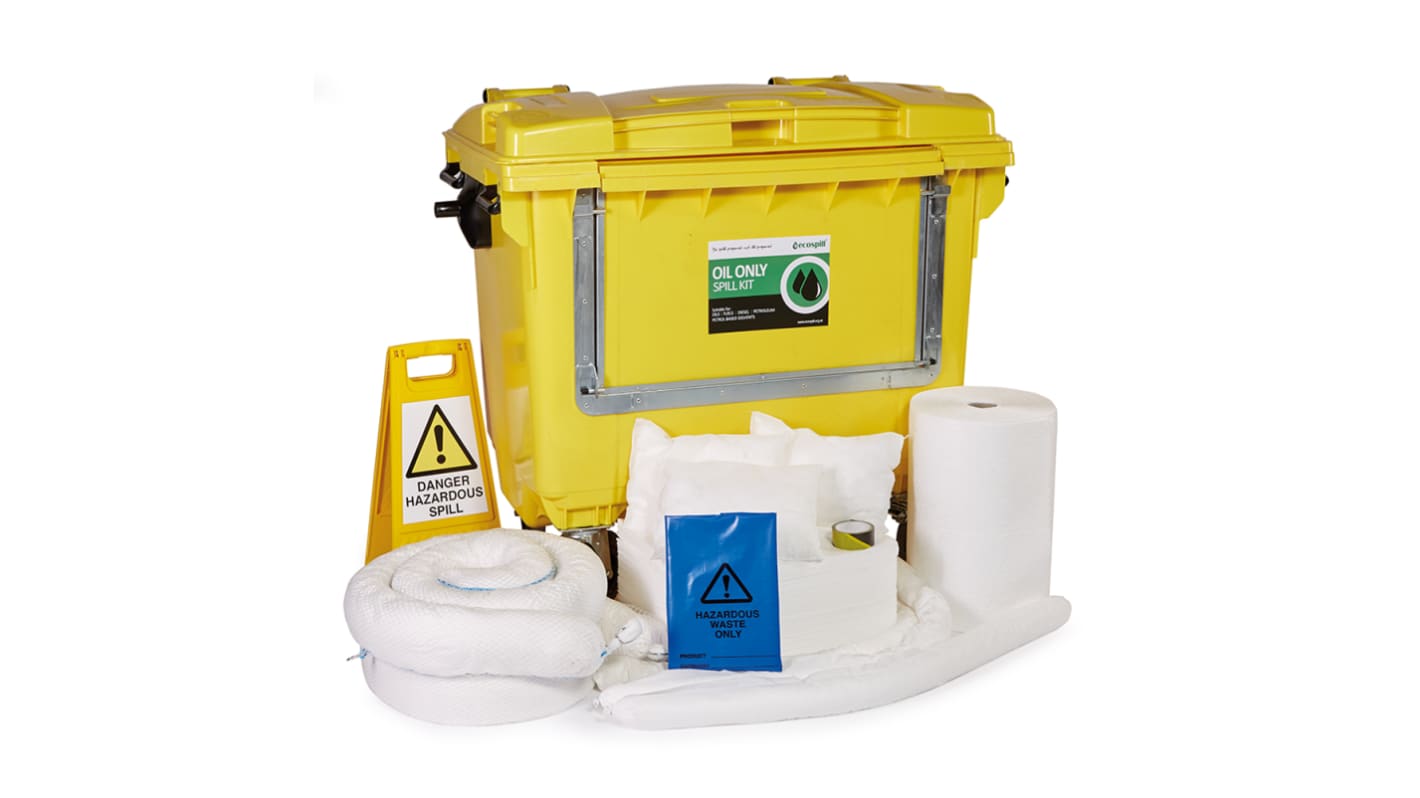 Kit de déversement contient 1 x Floor Sign, 1 x Hazardtape, 2 x 50Mtr Rolls, 6 x 3Mtr Booms, 6 x 3Mtr Socks, 16 x 38Cm