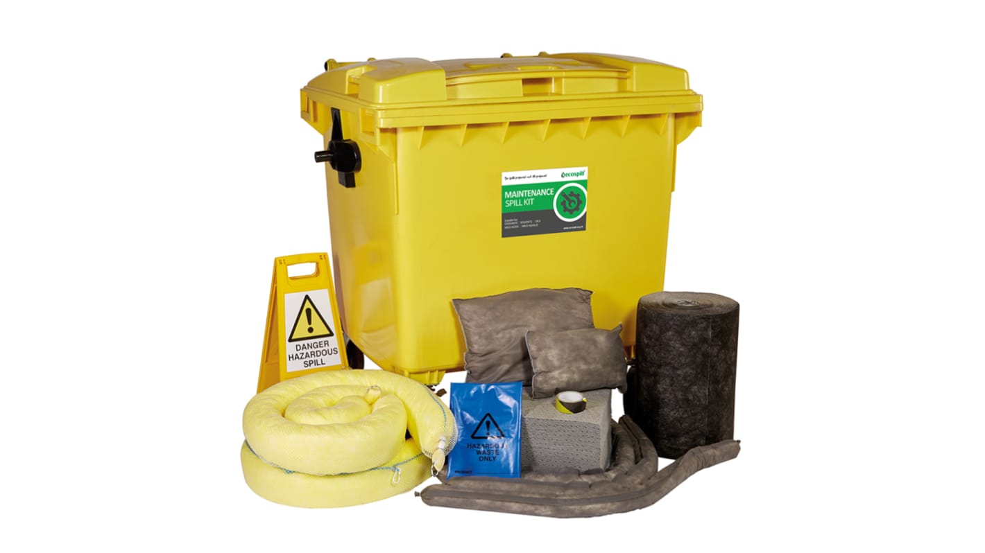 Kit para derrames Ecospill Ltd, contiene 1 x Floor Sign, 1 x Hazardtape, 2 x Rolls 50Mtr, 7 x Socks 3Mtr, 8 x Booms