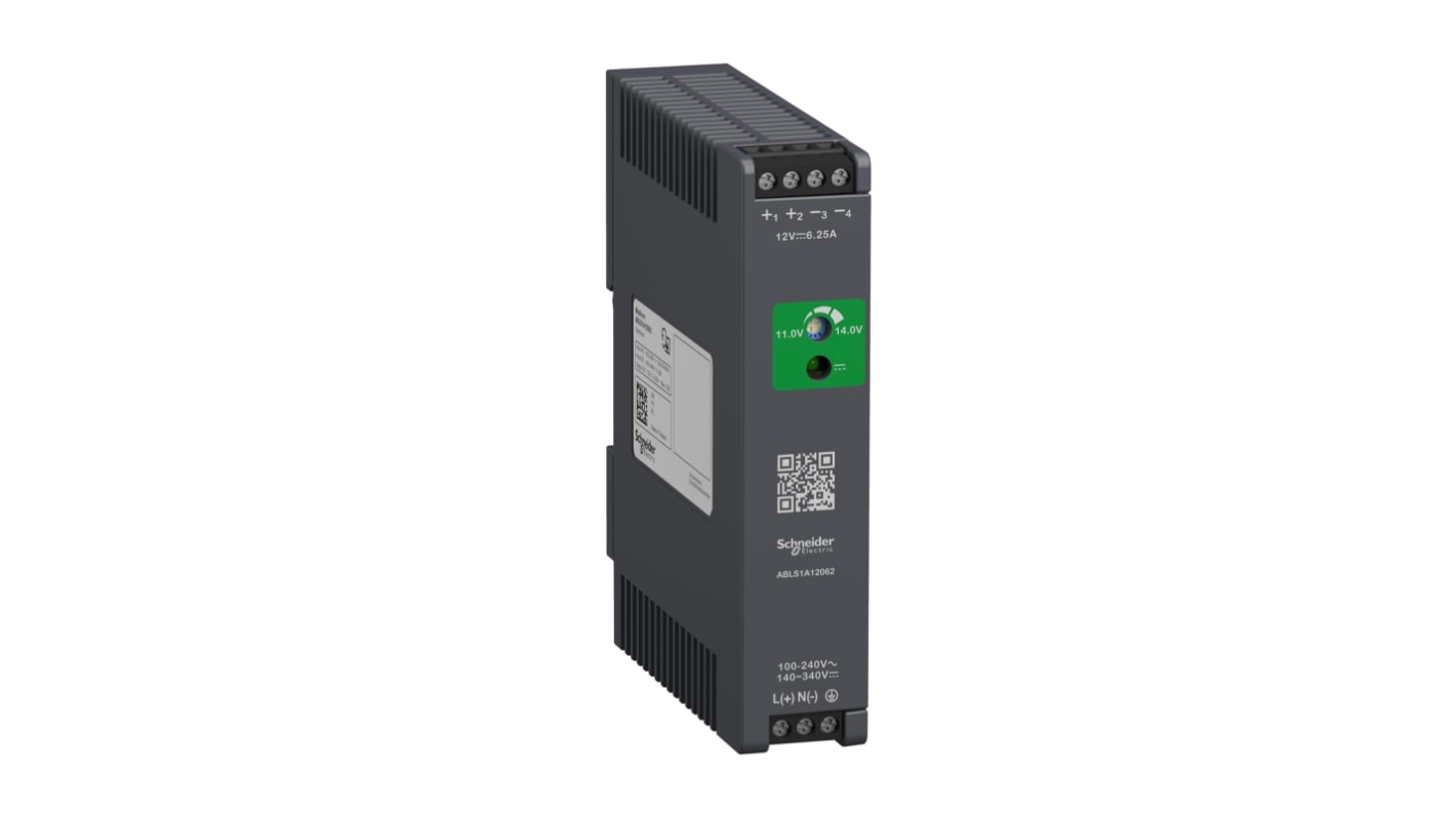 Schneider Electric Power Supply, ABLS1A12062, 12V dc, 6.25A, 75W, 100 → 240V ac Input Voltage