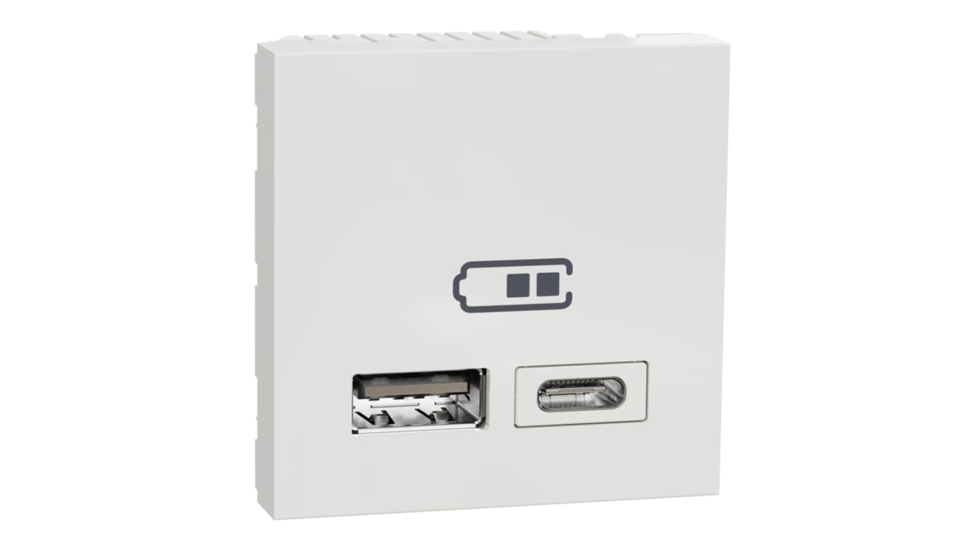 Schneider Electric White 2 Gang USB Socket, 1 A, 2.4 A, USB A, USB C