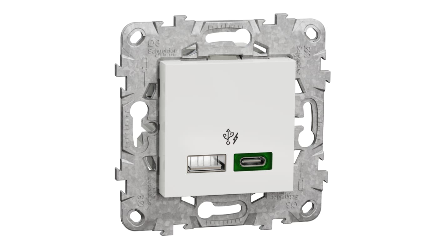 Conector hembra USB Schneider Electric, Blanco, 2 Módulos, sin interruptor Interior, 1.5 A, 3 A