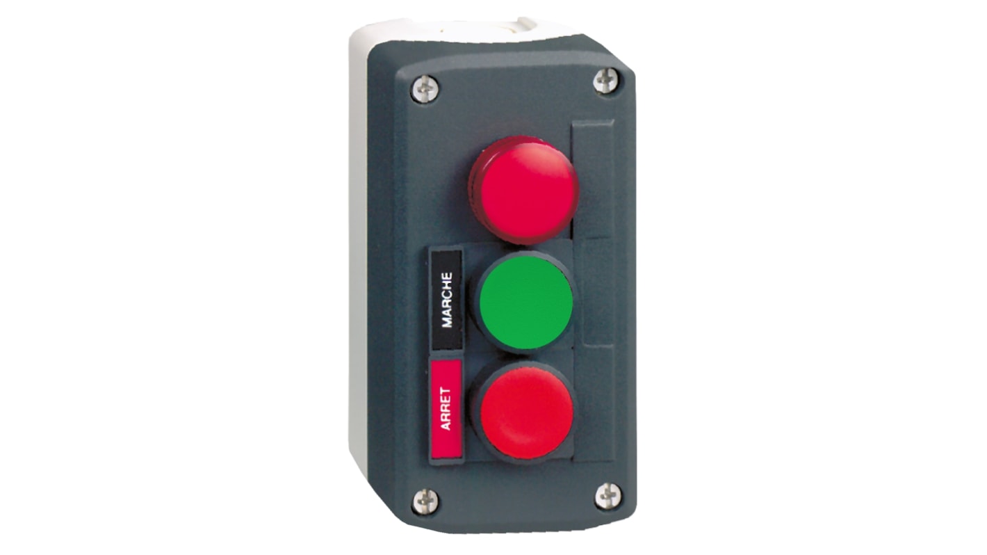 Schneider Electric Slow Break Push Button Control Station - 1 NC, 1 NO, Polycarbonate, None Cutouts, Green, Red, ARRET,