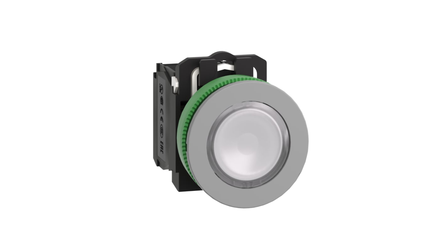 Pulsador Schneider Electric XB5, color de botón Blanco, SPDT, 24V, IP66, IP67, iluminado