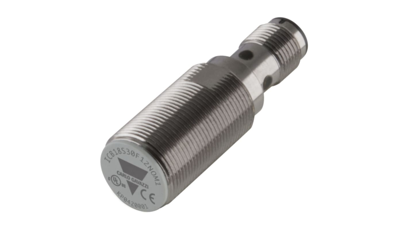 Carlo Gavazzi ICB18 Series Inductive Barrel-Style Inductive Proximity Sensor, M18 x 1, 12 mm Detection, PNP Output, 10