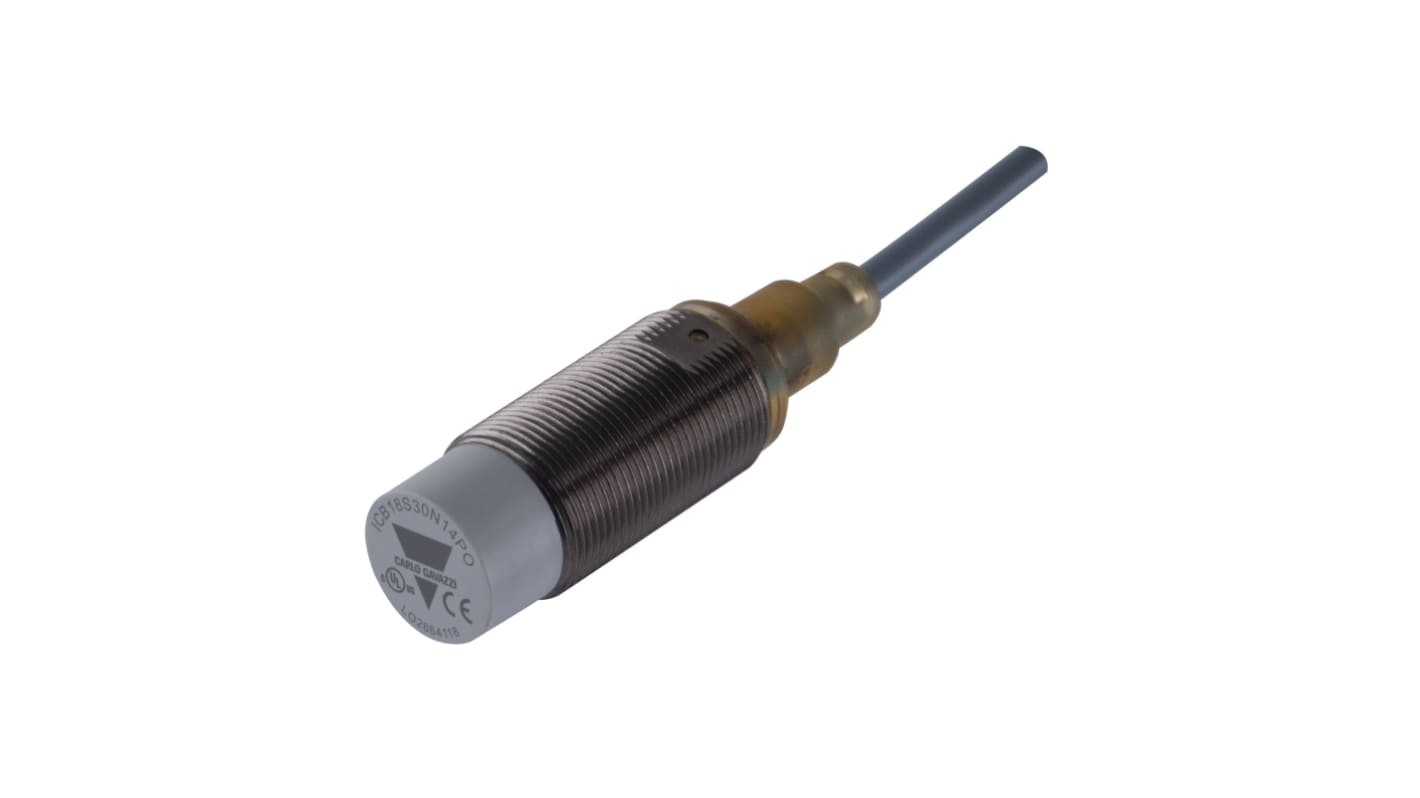 Sensor inductivo Carlo Gavazzi, M18 x 1, alcance 14 mm, salida PNP, 10 → 36 V dc, IP67