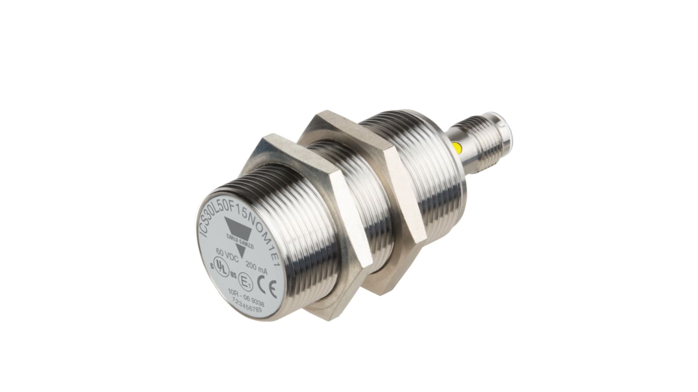 Carlo Gavazzi ICS30 Series Inductive Barrel-Style Inductive Proximity Sensor, M30 x 1.5, 15 mm Detection, NPN Output, 8