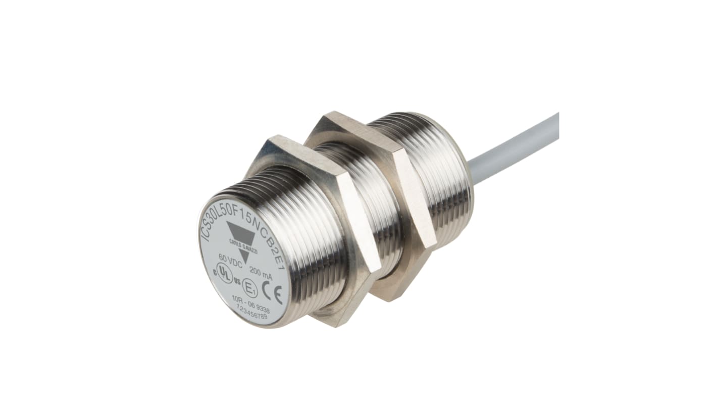 Carlo Gavazzi ICS30 Series Inductive Barrel-Style Inductive Proximity Sensor, M30 x 1.5, 15 mm Detection, NPN Output, 8