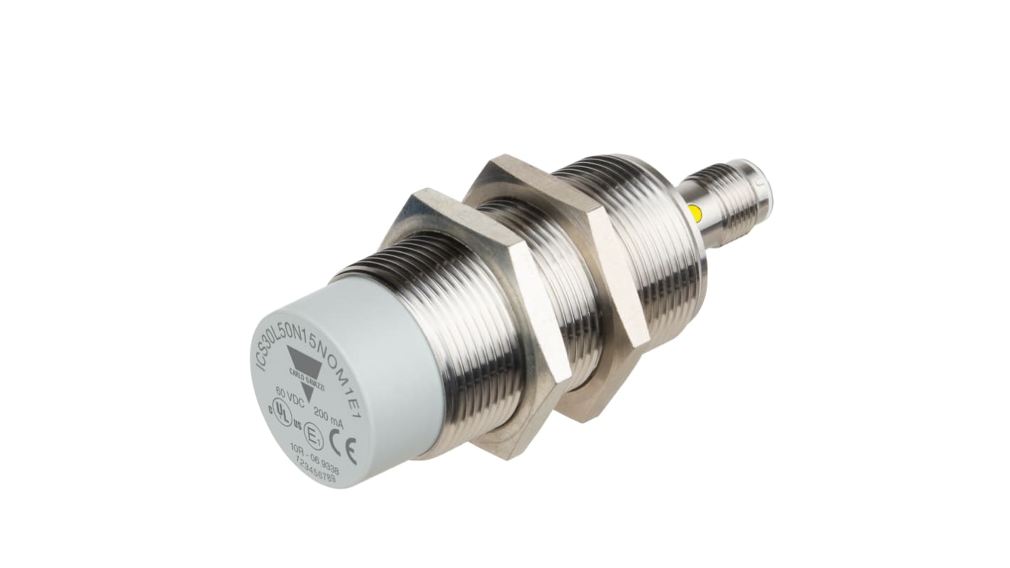 Sensor inductivo Carlo Gavazzi, M30 x 1.5, alcance 22 mm, salida NPN, 8 → 60 V dc, IP67, IP68, IP69K