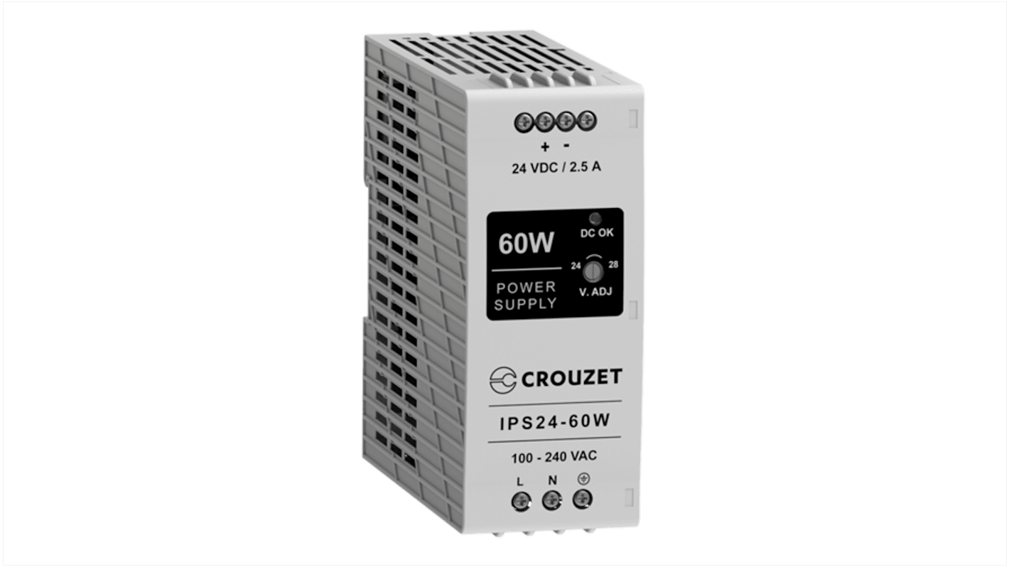 Crouzet 89452 Linear DIN Rail Power Supply, 90 → 264V ac ac Input, 24V dc dc Output, 2.5A Output, 60W