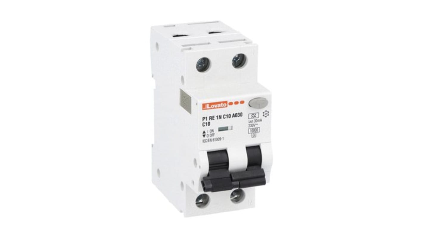 Lovato RCBO, 10A Current Rating, 1P + N Poles, 30mA Trip Sensitivity, Type A, P1RE1NC Range