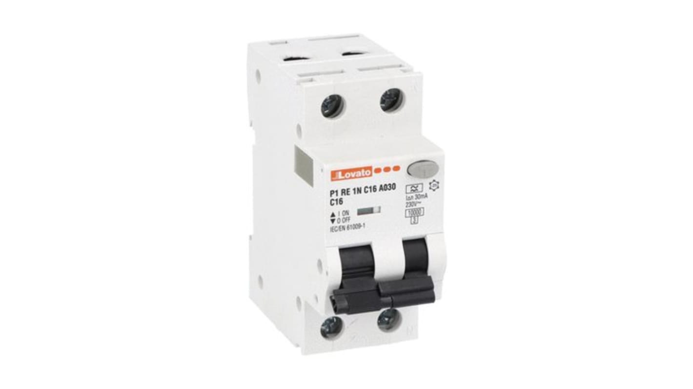 Lovato RCBO, 16A Current Rating, 1P + N Poles, 30mA Trip Sensitivity, Type A, P1RE1NC Range