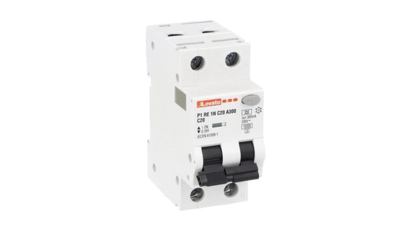 Lovato RCBO, 20A Current Rating, 1P + N Poles, 300mA Trip Sensitivity, Type A, P1RE1NC Range