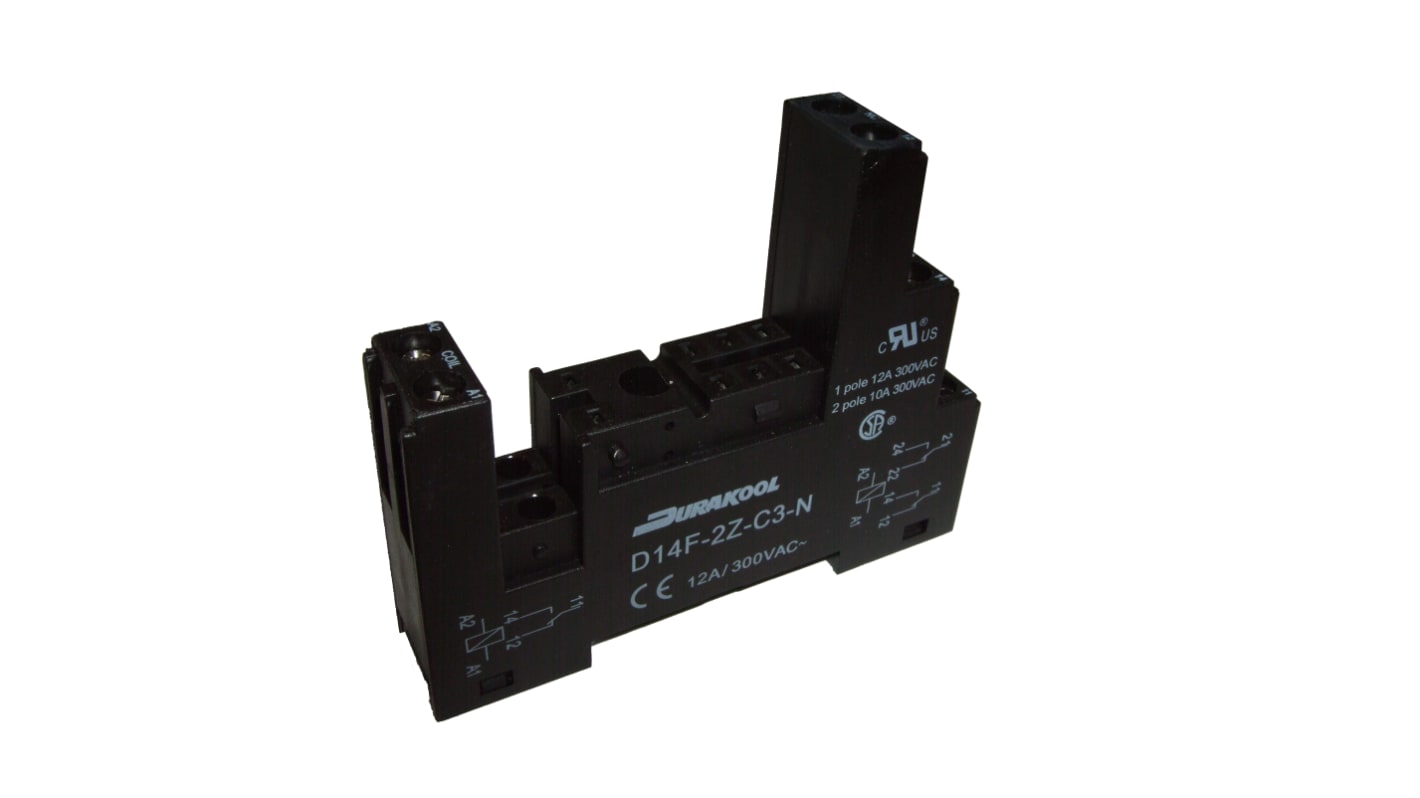 Durakool D14F 4 Pin 300V ac DIN Rail Relay Socket, for use with DM41, DM87N, DX87N Relays