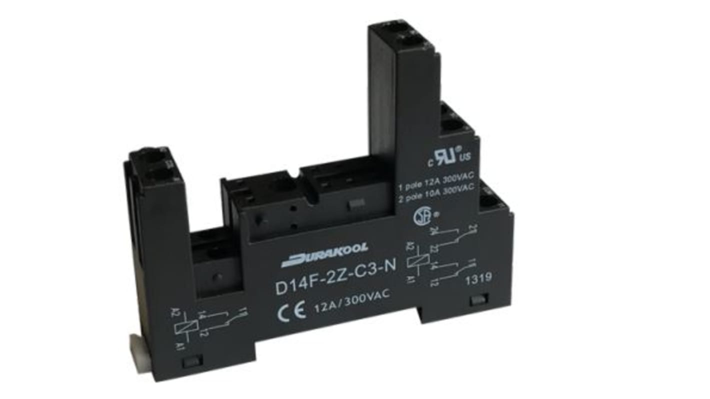 Durakool D14F 8 Pin 300V ac DIN Rail Relay Socket, for use with DM42, DM43, DM84, DM85, DX84, DX85 Relays