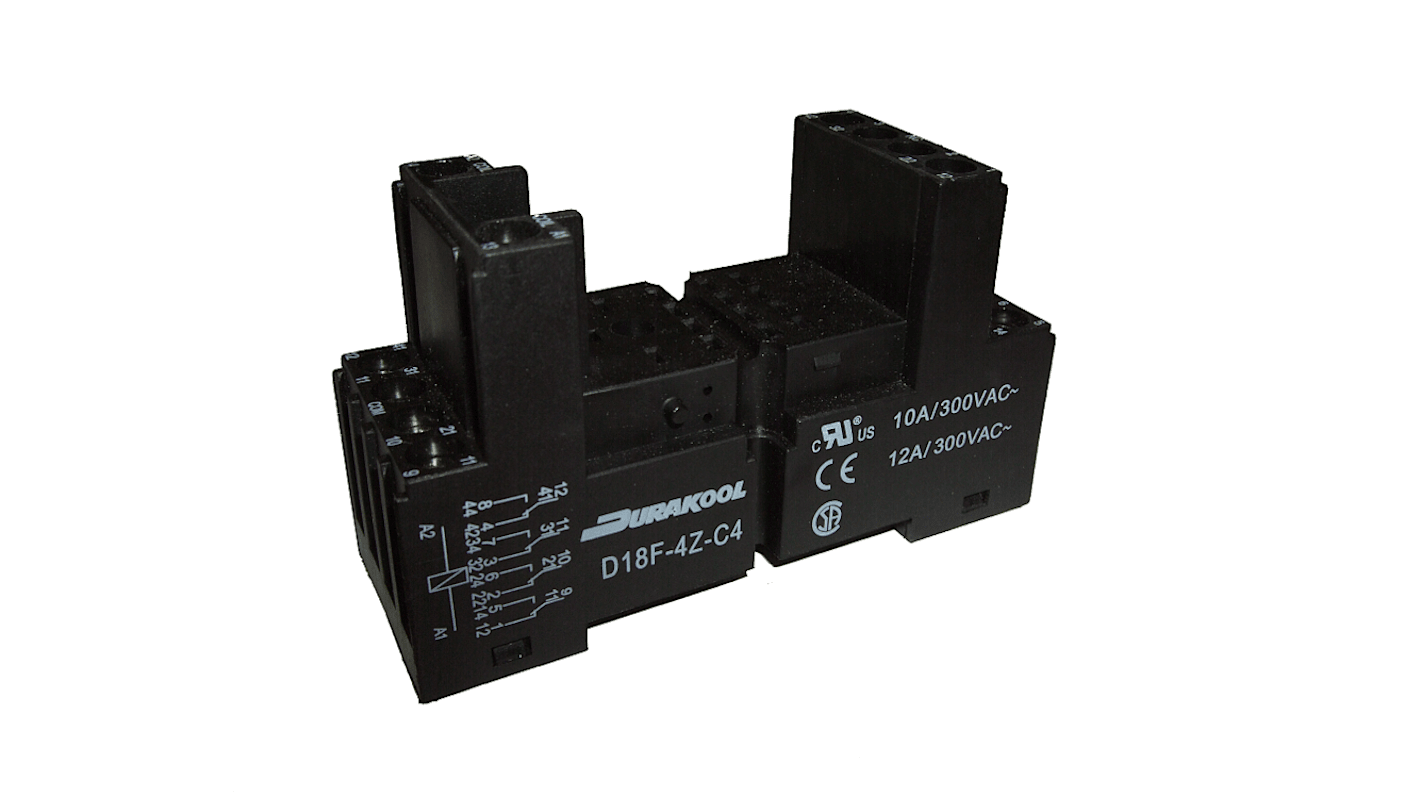 Durakool D14F 12 Pin 300V ac DIN Rail Relay Socket, for use with DX4, DXN Relays