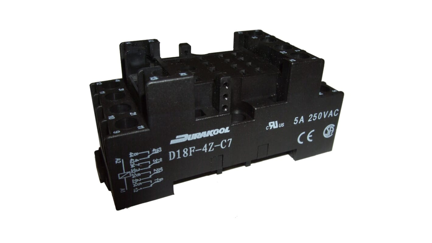 Durakool 继电器底座, D14F系列, 适用于DX4、DXN 继电器, DIN导轨安装, 14触点