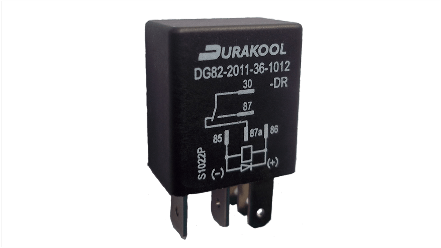 Relé para automoción Durakool, SPST-NA, bobina 24V, conmutación 90A, montaje en PCB