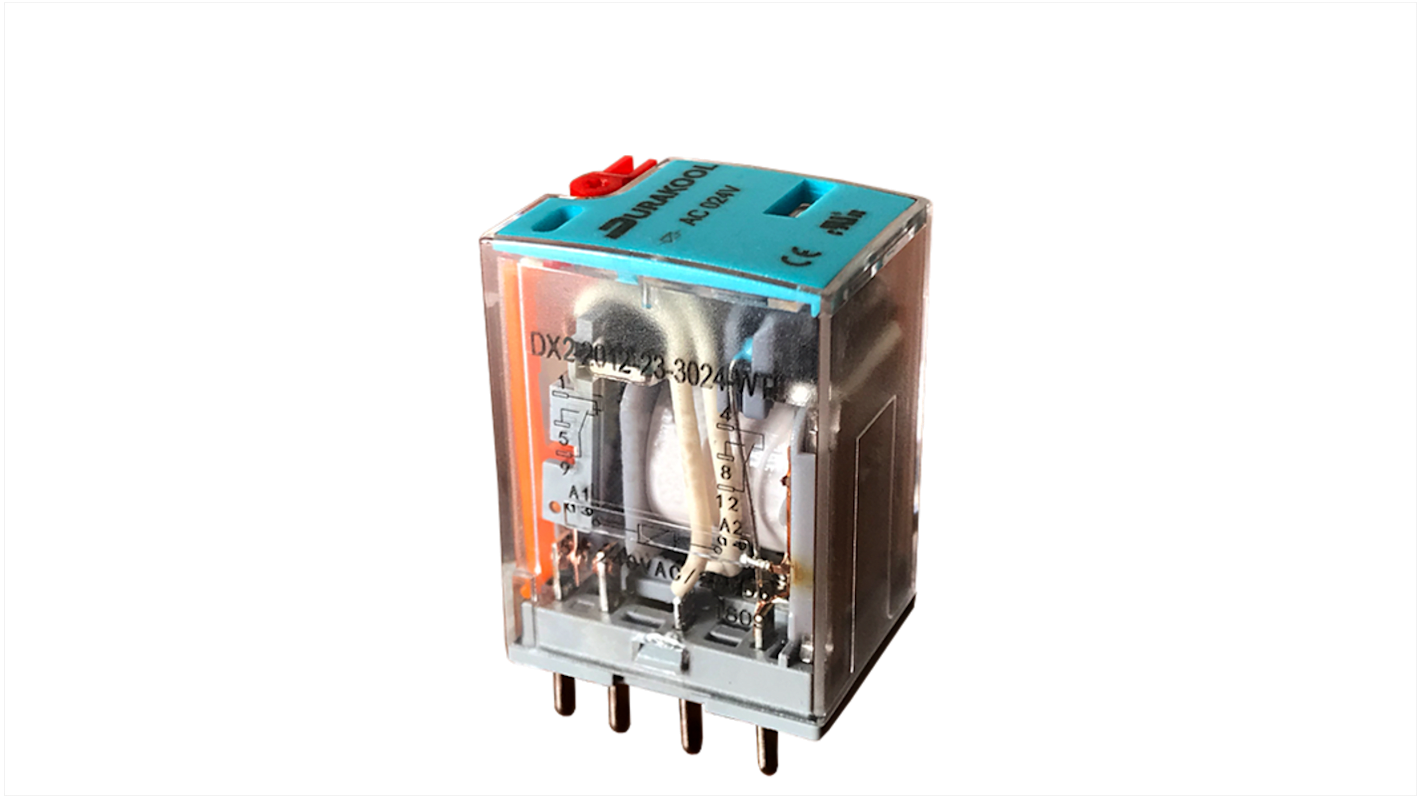 Relé de potencia sin enclavamiento Durakool de 2 polos, DPDT-2C/0, bobina 12V dc, 10A, enchufable