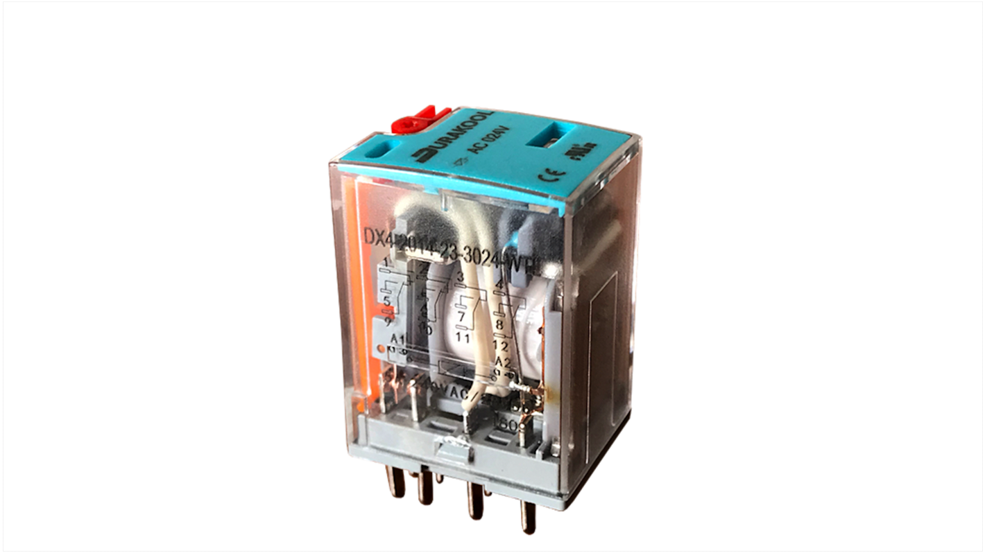 Durakool Plug In Power Relay, 24V dc Coil, 5A Switching Current, 4PDT