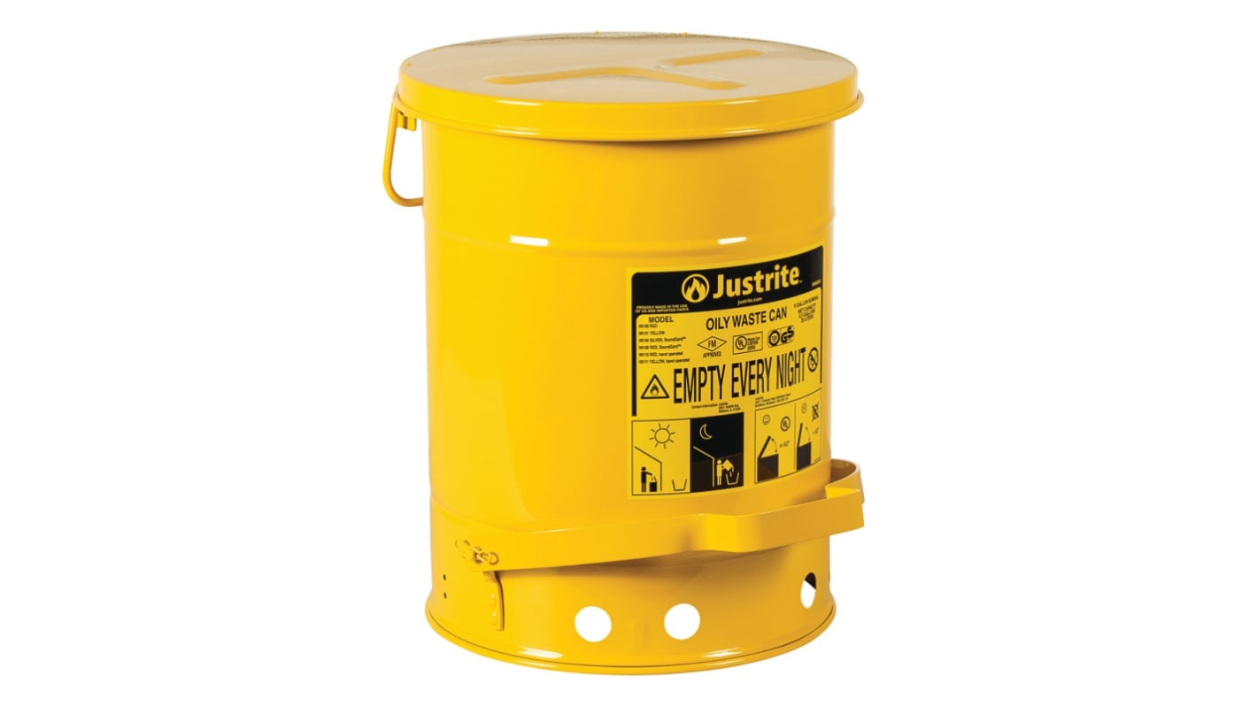 Justrite 23L Yellow Flip Steel Oily Waste Can