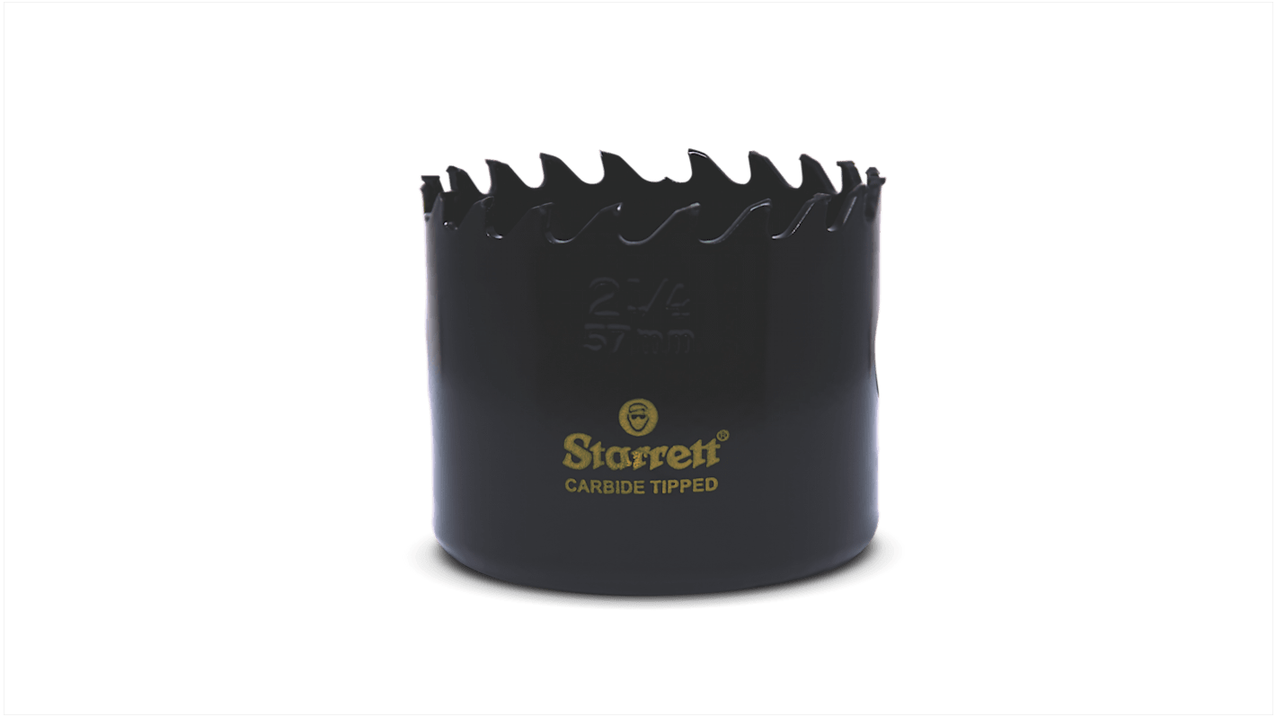 Sierra de corona Starrett, Carburo de Tungsteno, diámetro 57mm, Profundidad 41mm, husillo incluido