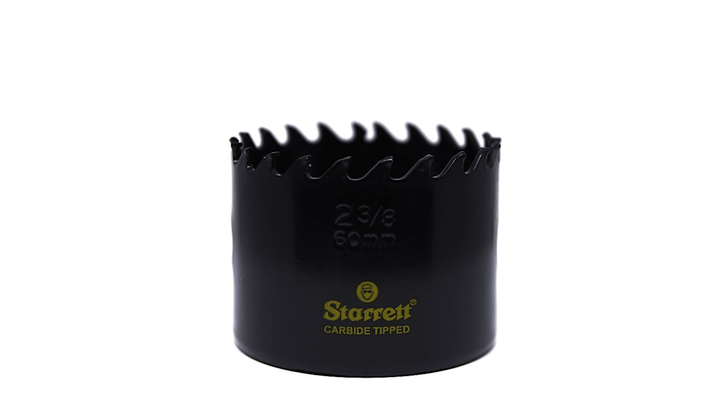 Sierra de corona Starrett, Carburo de Tungsteno, diámetro 60mm, Profundidad 41mm, husillo incluido