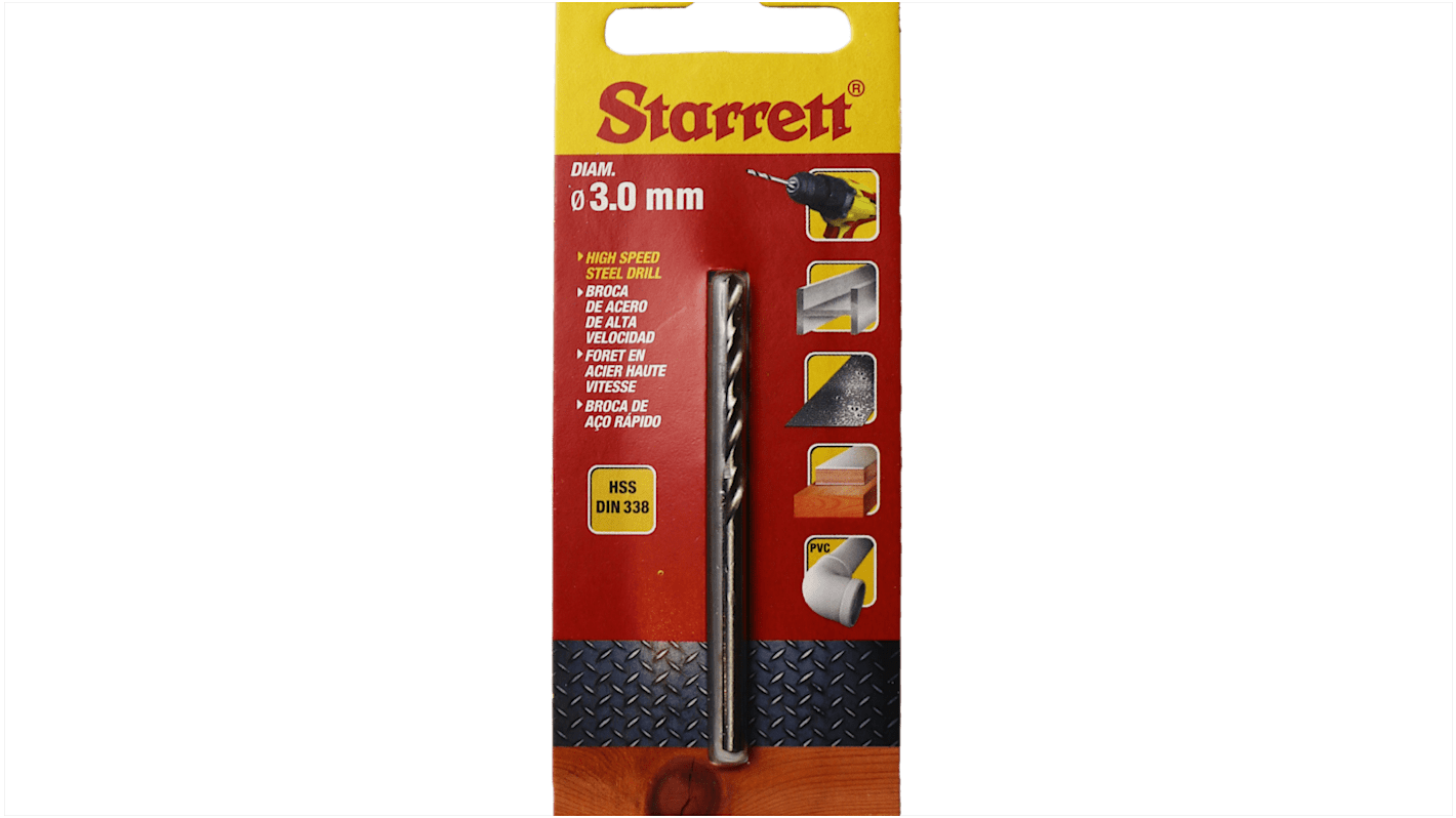 Starrett KBAR Series HSS Twist Drill Bit, 3mm Diameter, 61 mm Overall