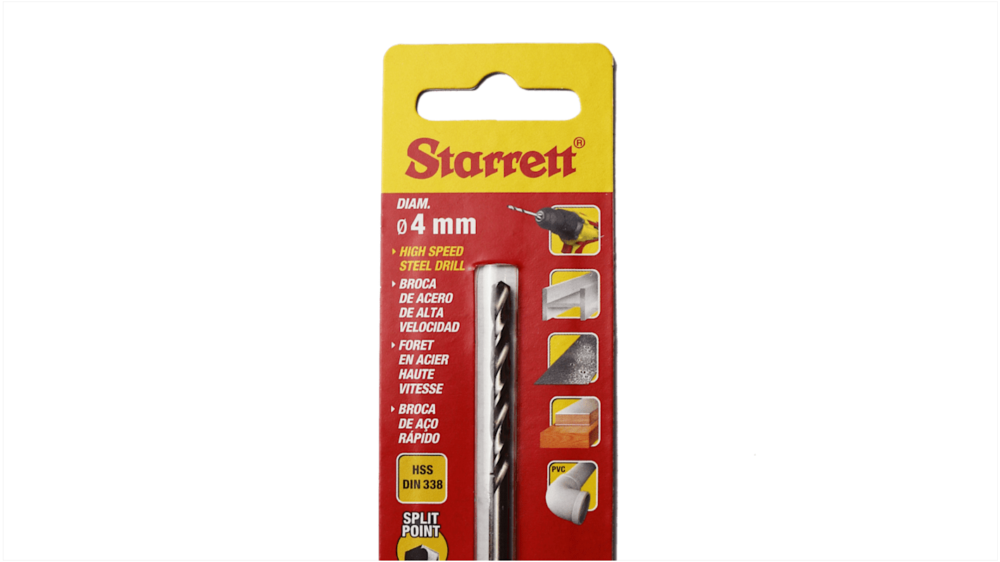 Starrett KBAR Series HSS Twist Drill Bit, 4mm Diameter, 75 mm Overall