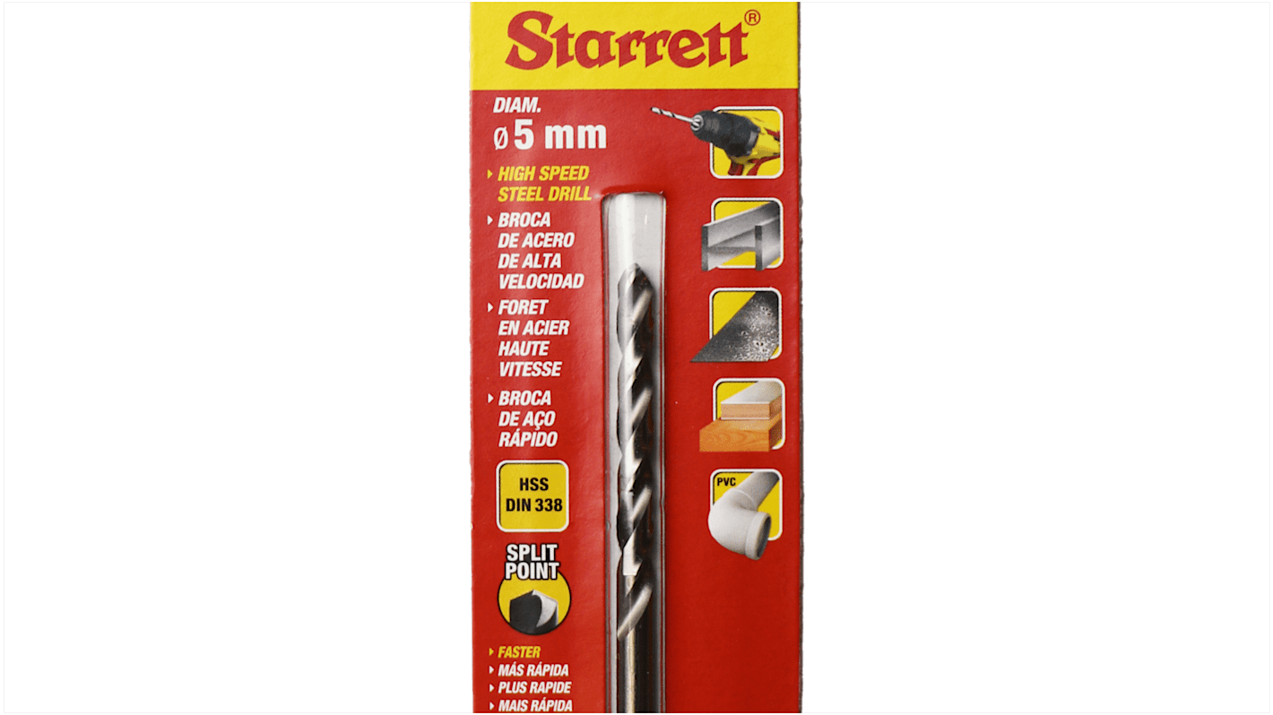 KBAR050 Starrett KBAR Series HSS Twist Drill Bit, 5mm Diameter, 86 mm