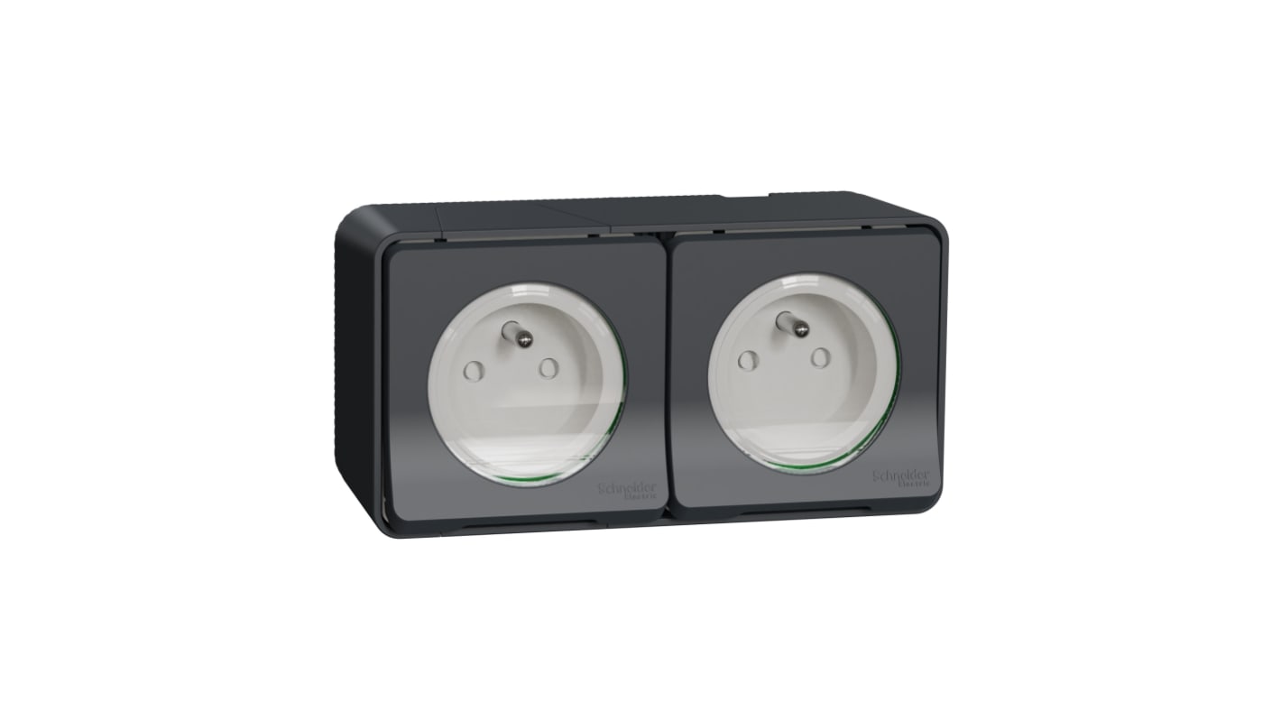 Schneider Electric Grey 2 Gang Plug Socket, 2 Poles, 16A, French 2P, Indoor, Outdoor Use