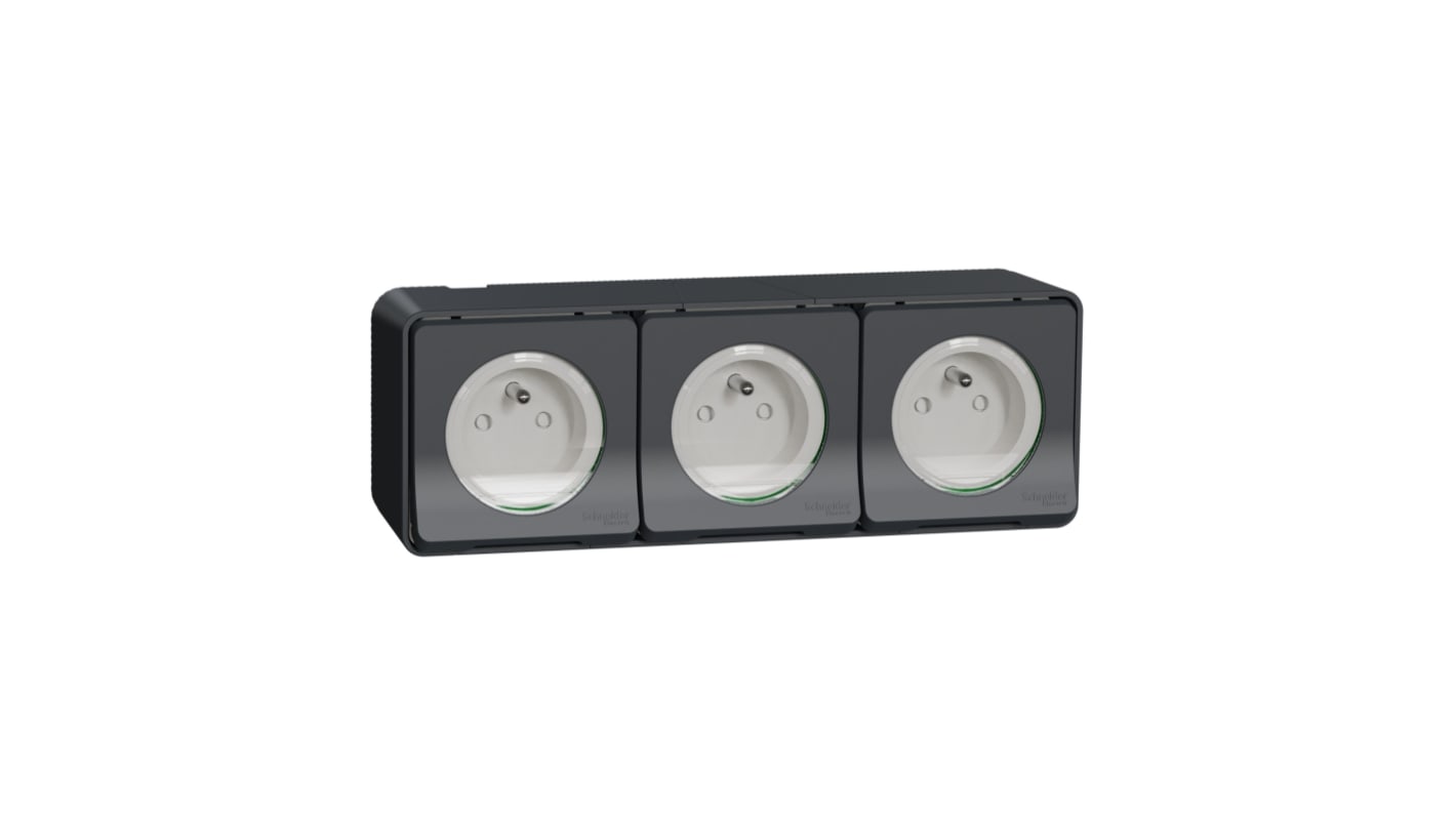 Grey 3 Gang Plug Socket, 2 Poles, 16A, French 2P, Indoor, Outdoor Use