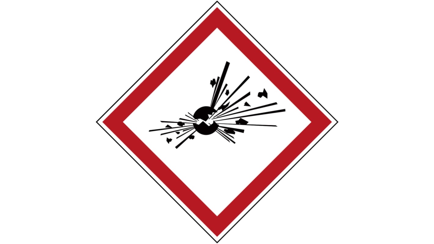 Etiqueta de seguridad contra incendios autoadhesiva con pictograma: Explosiva, texto en : x 21 mm