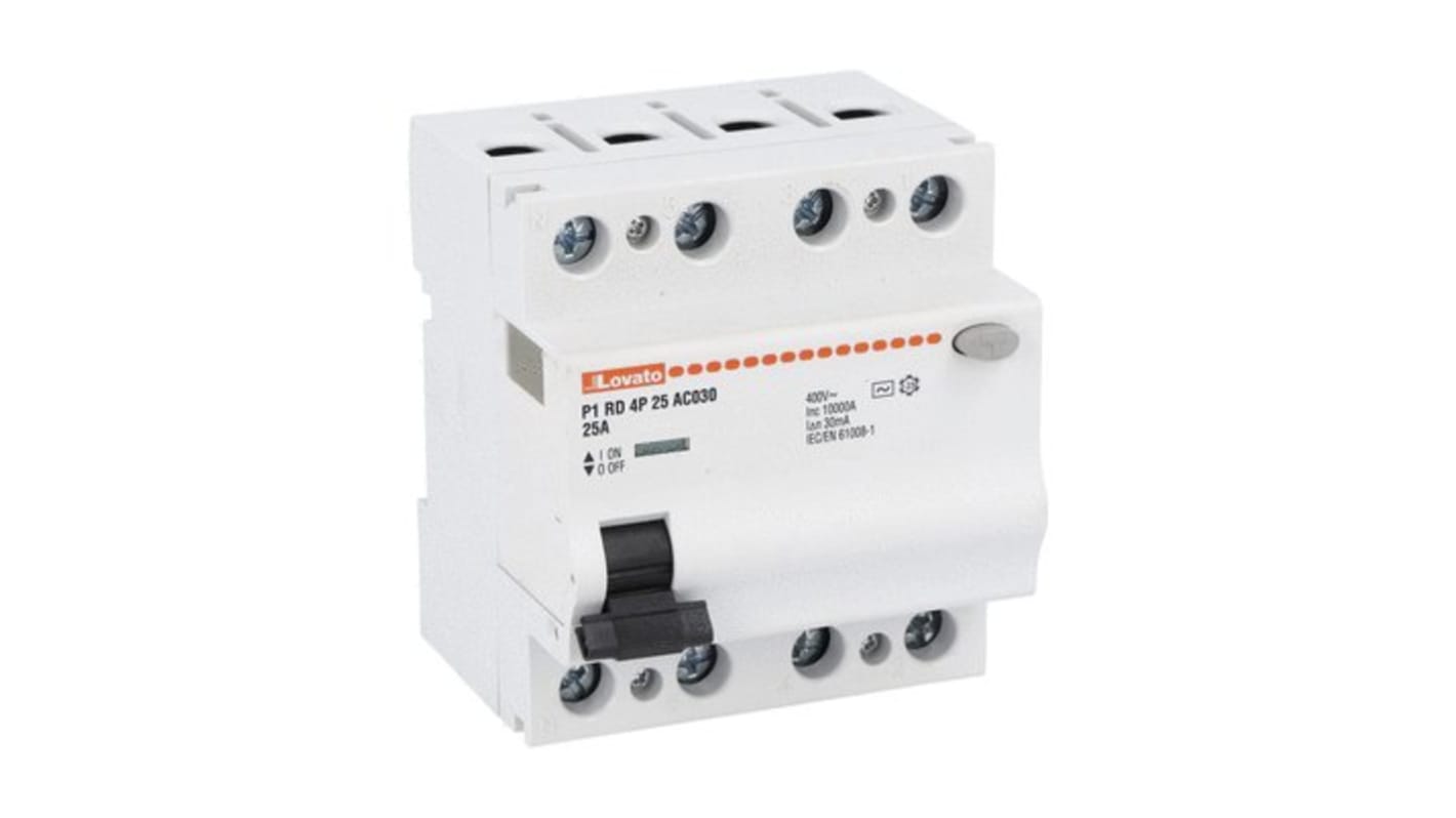 Interruptor Diferencial Lovato, 25A Tipo AC, 4P Polos, 30mA P1 230 V ac, 400 V ac