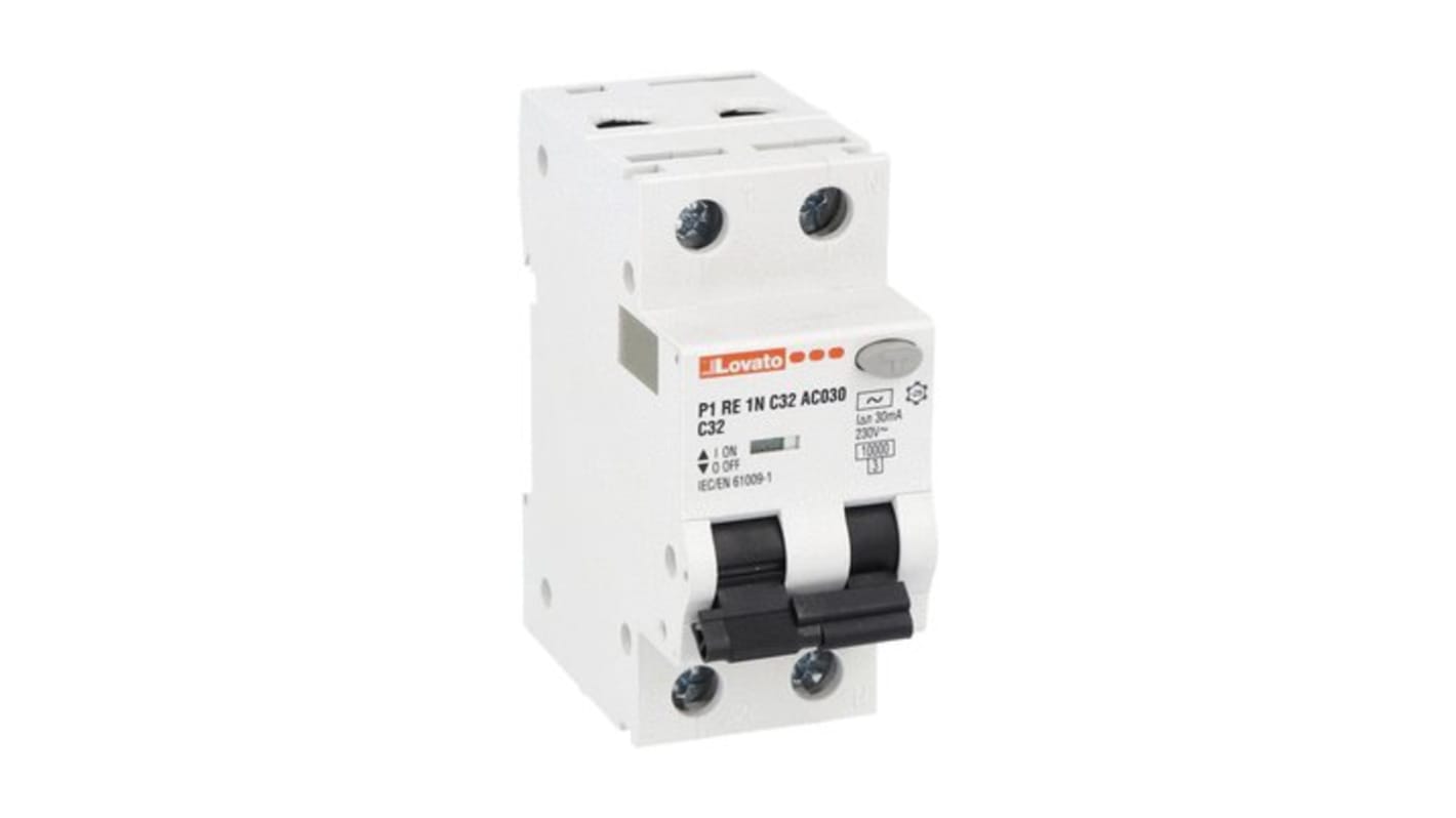 Lovato RCBO, 32A Current Rating, 1P+N Poles, 30mA Trip Sensitivity, Type C, P1 Range