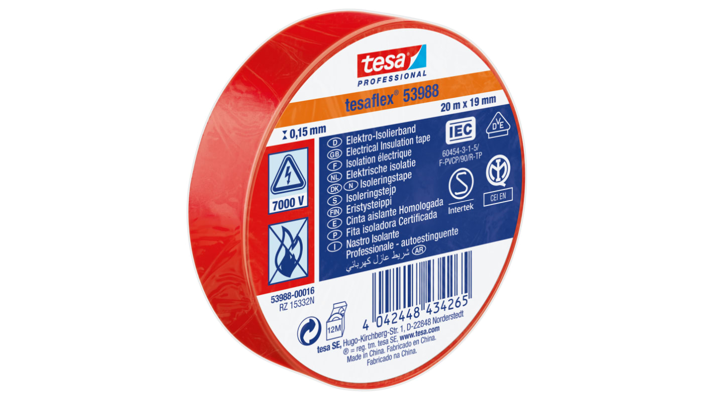 Tesa SPVC ELECTRICAL Isolierband, PVC Rot, 0.15mm x 19mm x 20m