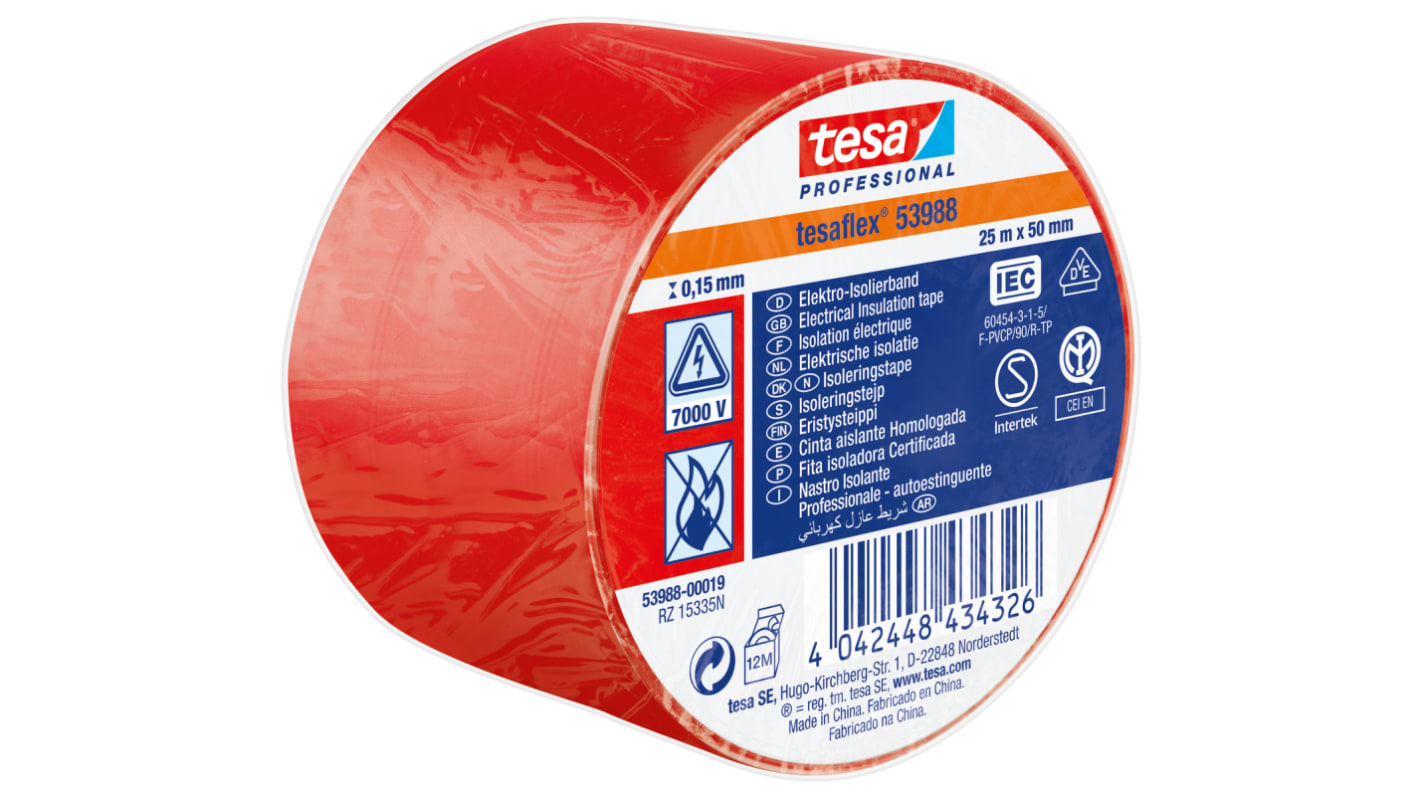 Tesa SPVC ELECTRICAL Isolierband, PVC Rot, 0.15mm x 50mm x 25m