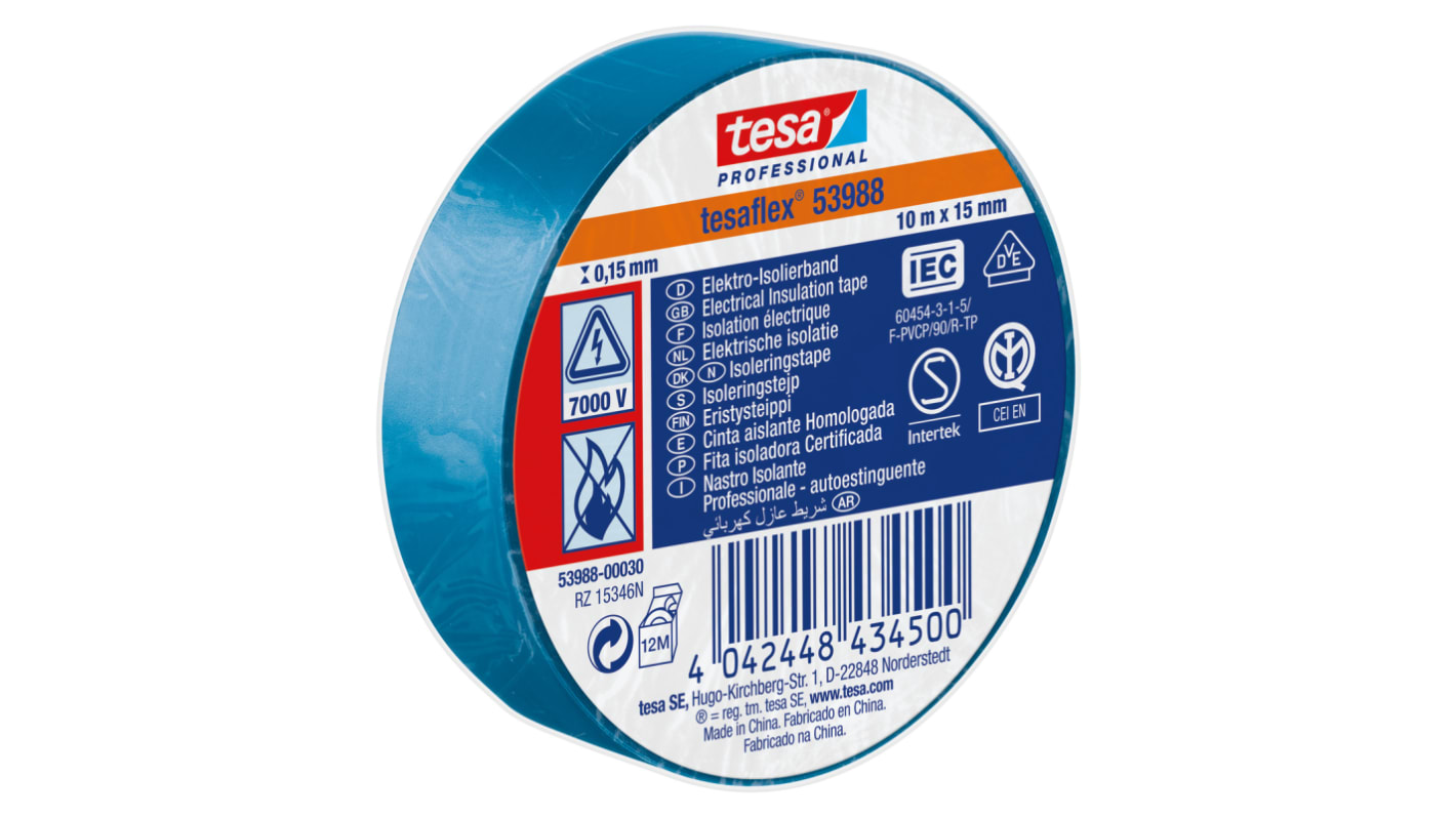 Tesa SPVC ELECTRICAL Isolierband, PVC Blau, 0.15mm x 15mm x 10m